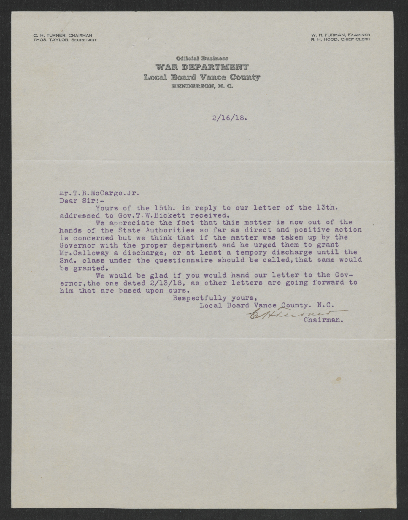 Letter from Charles H. Turner to Thomas B. McCargo, Jr., February 16, 1918