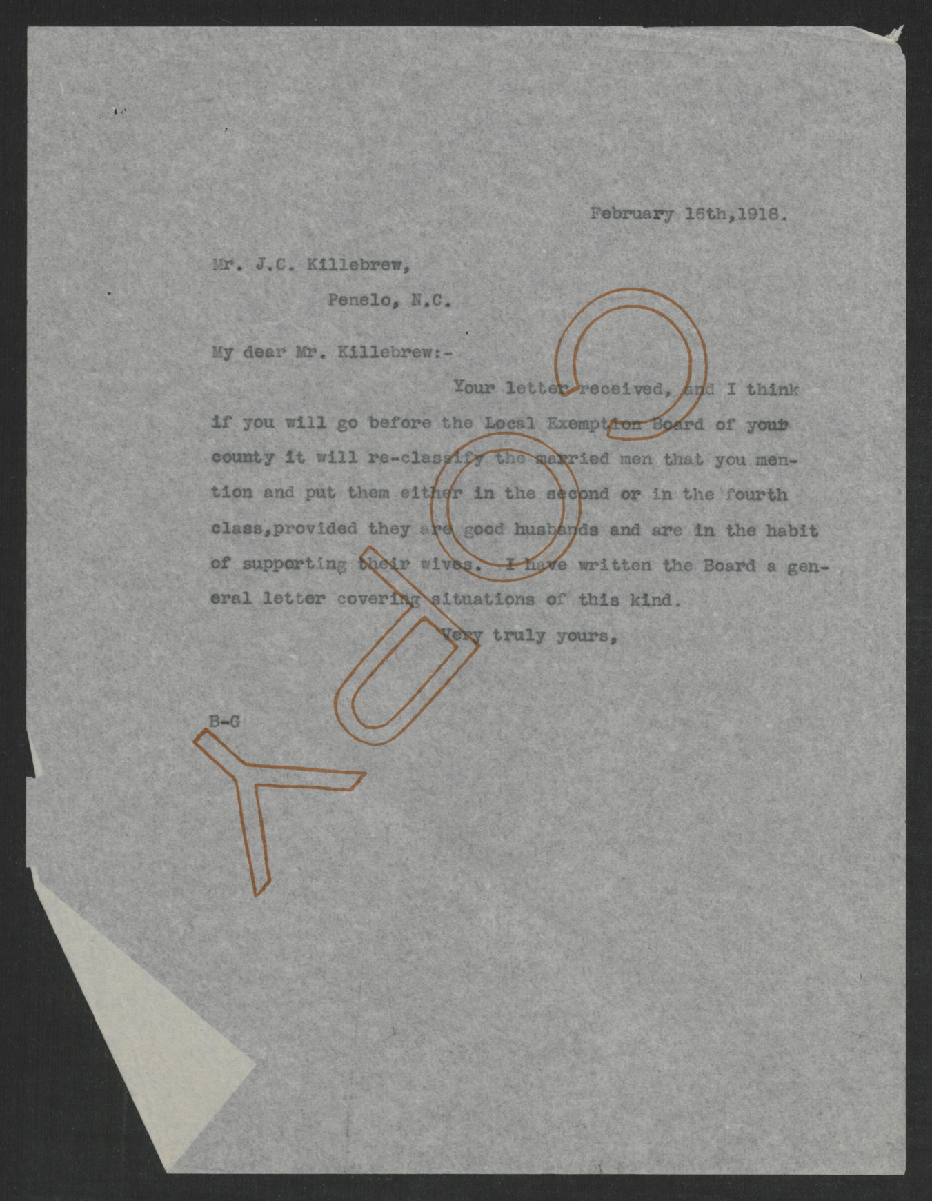 Letter from Thomas W. Bickett to James C. Killebrew, February 16, 1918