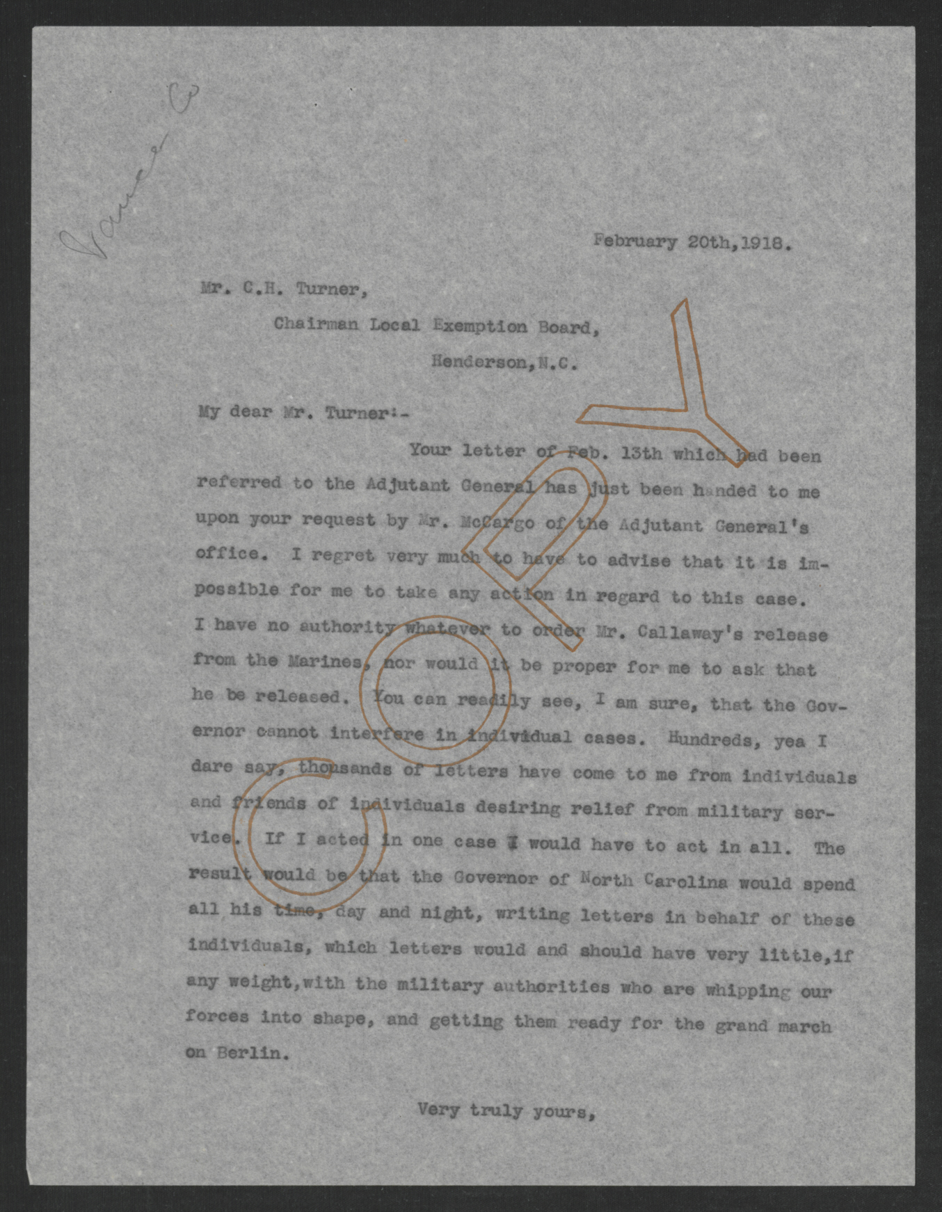 Letter from Thomas W. Bickett to Charles H. Turner, February 20, 1918