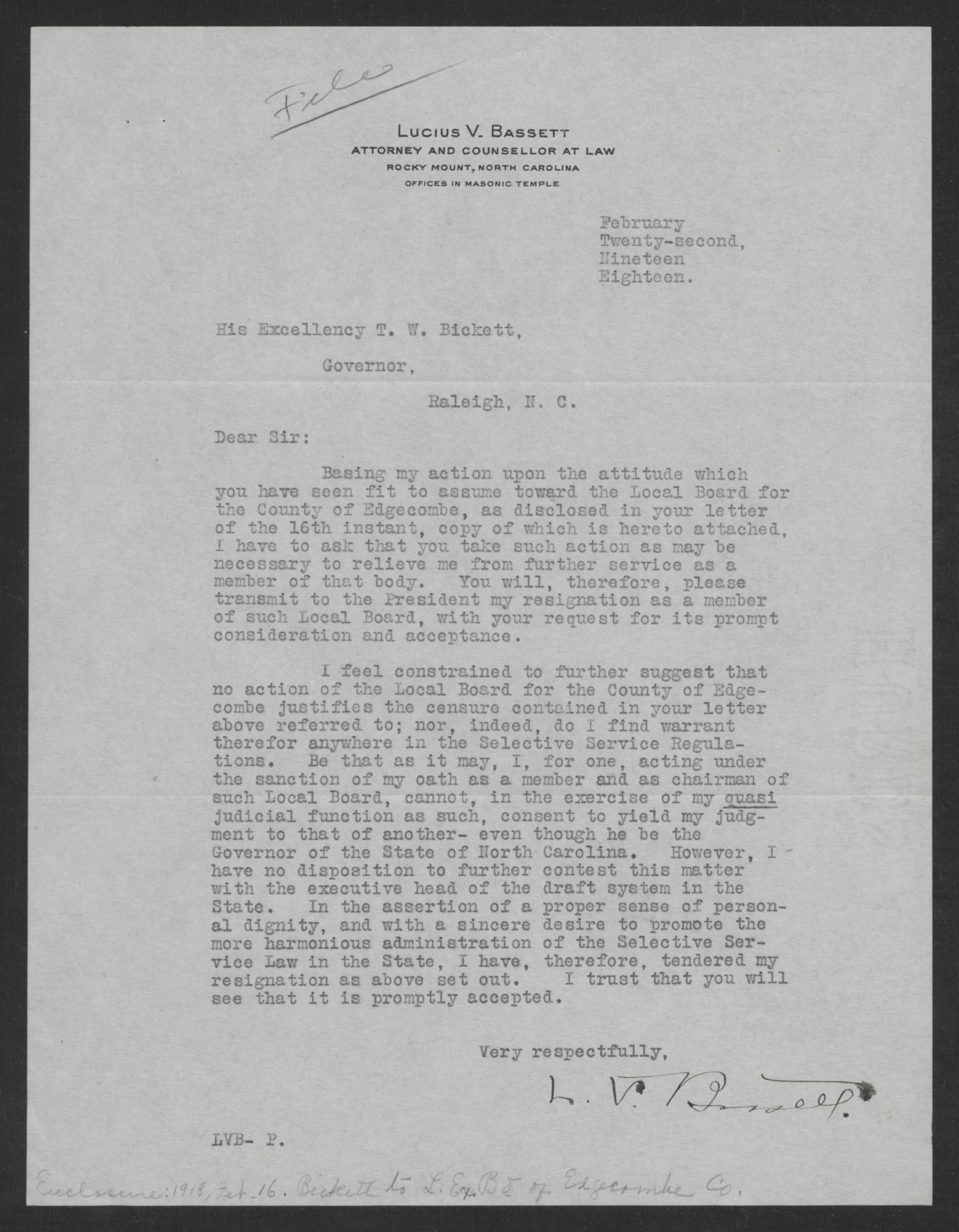 Letter from Lucius V. Bassett to Thomas W. Bickett, February 22, 1918