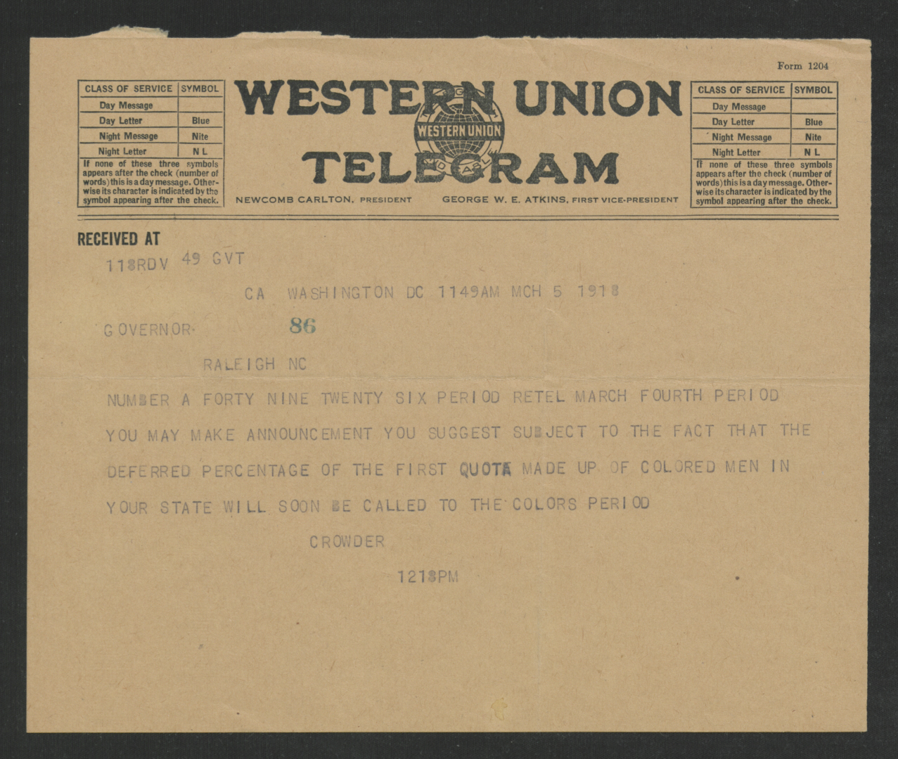 Telegram from Enoch H. Crowder to Thomas W. Bickett, March 5, 1918
