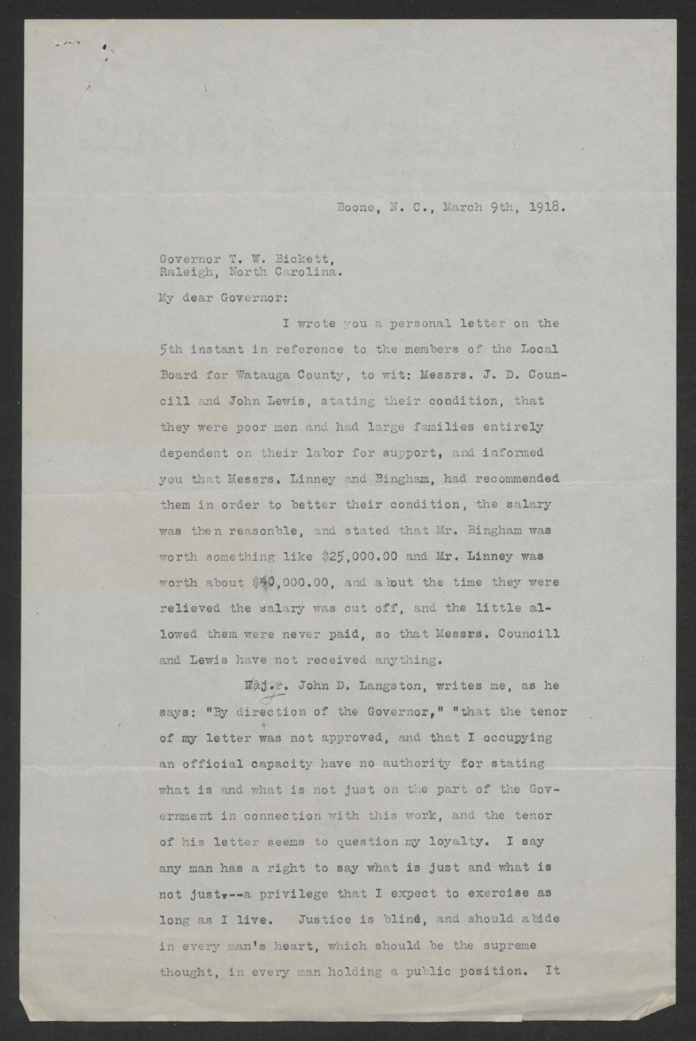 Letter from Edward F. Lovill to Thomas W. Bickett, March 9, 1918, page 1