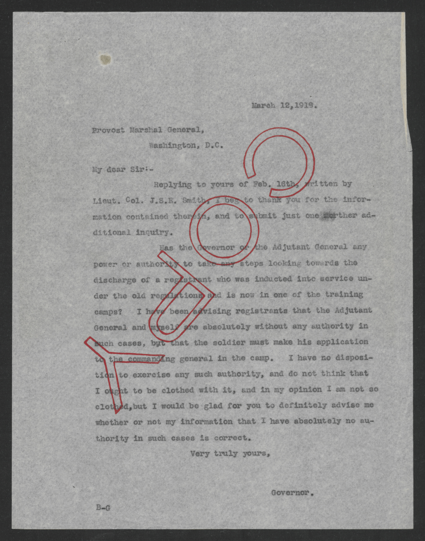 Letter from Thomas W. Bickett to Enoch H. Crowder, March 12, 1918