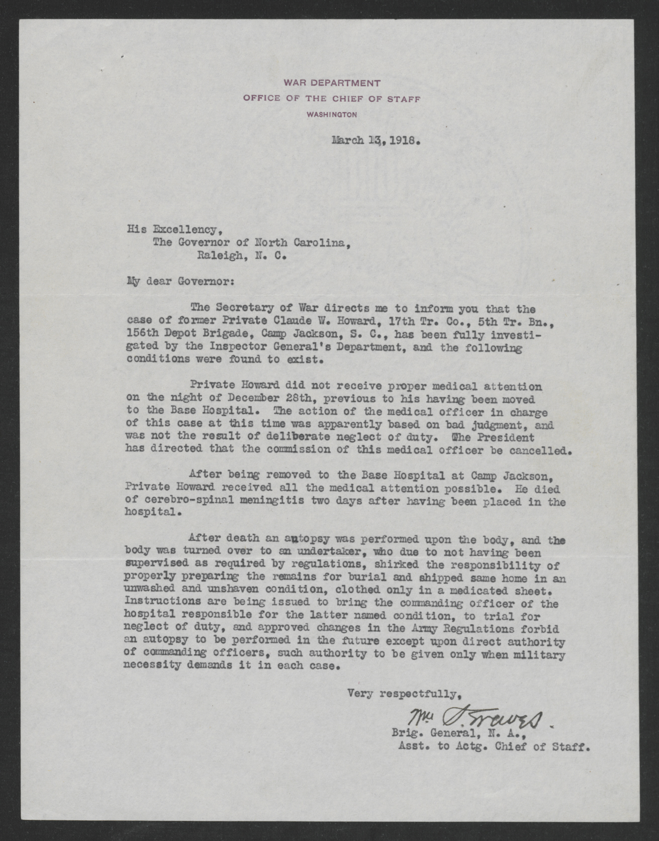 Letter from William S. Graves to Thomas W. Bickett, March 13, 1918