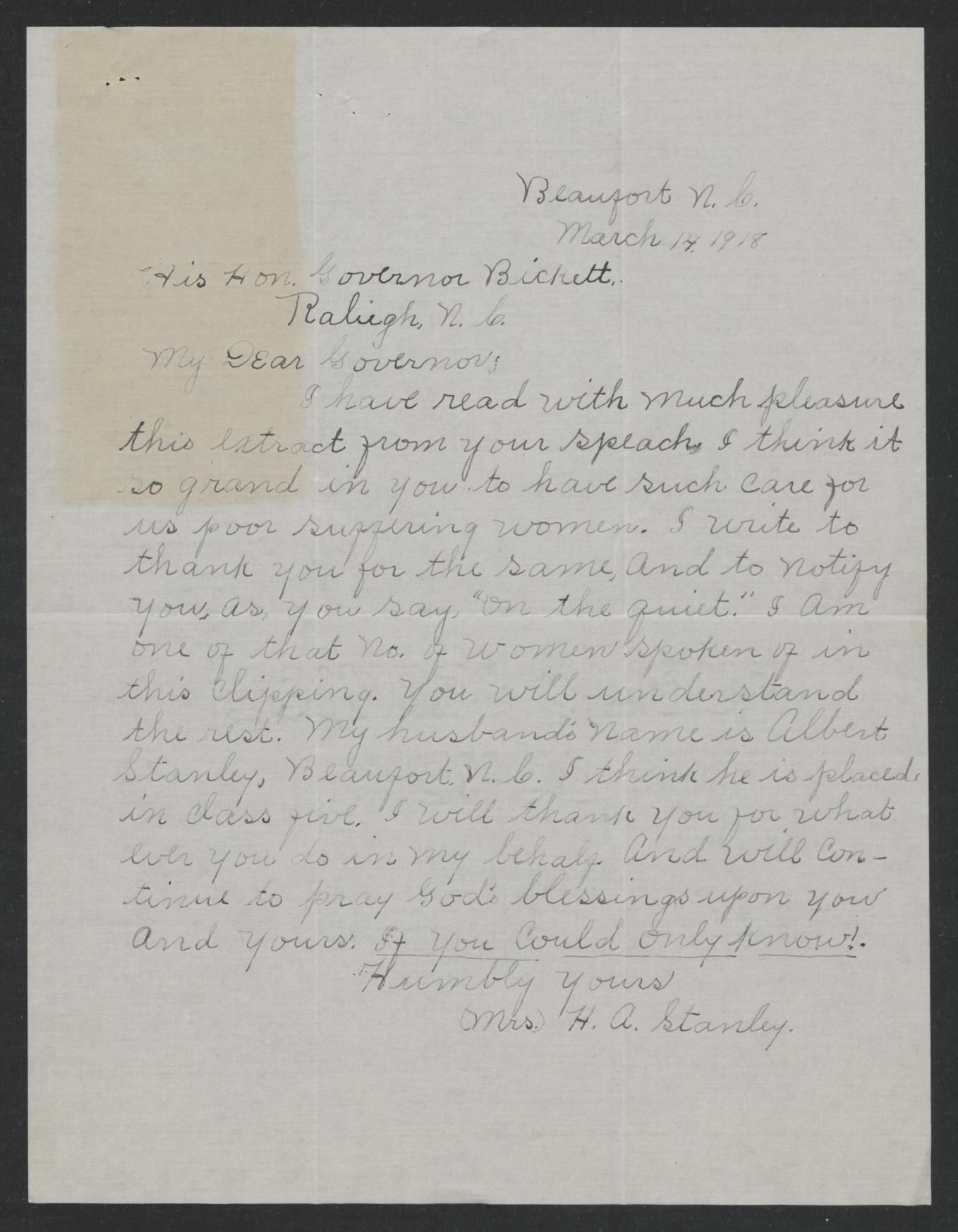 Letter from Hallise E. Stanley to Thomas W. Bickett, March 14, 1918