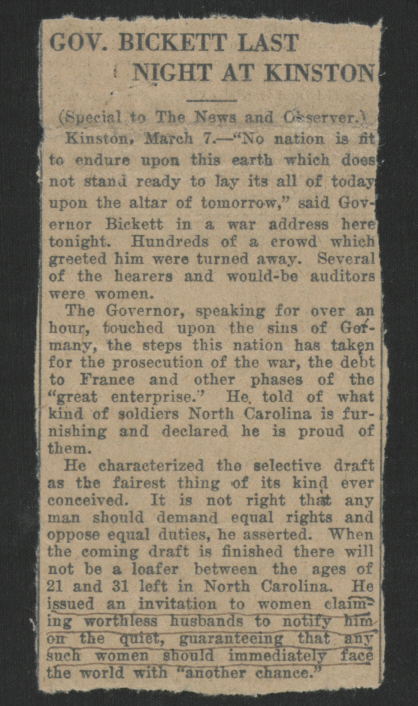 Excerpts of Thomas W. Bickett's Speech Regarding "Worthless Husbands," March 7, 1918