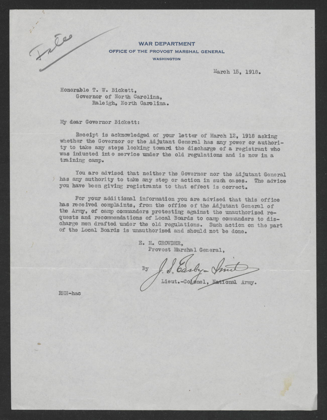 Letter from Enoch H. Crowder and James S. Easby-Smith to Thomas W. Bickett, March 15, 1918