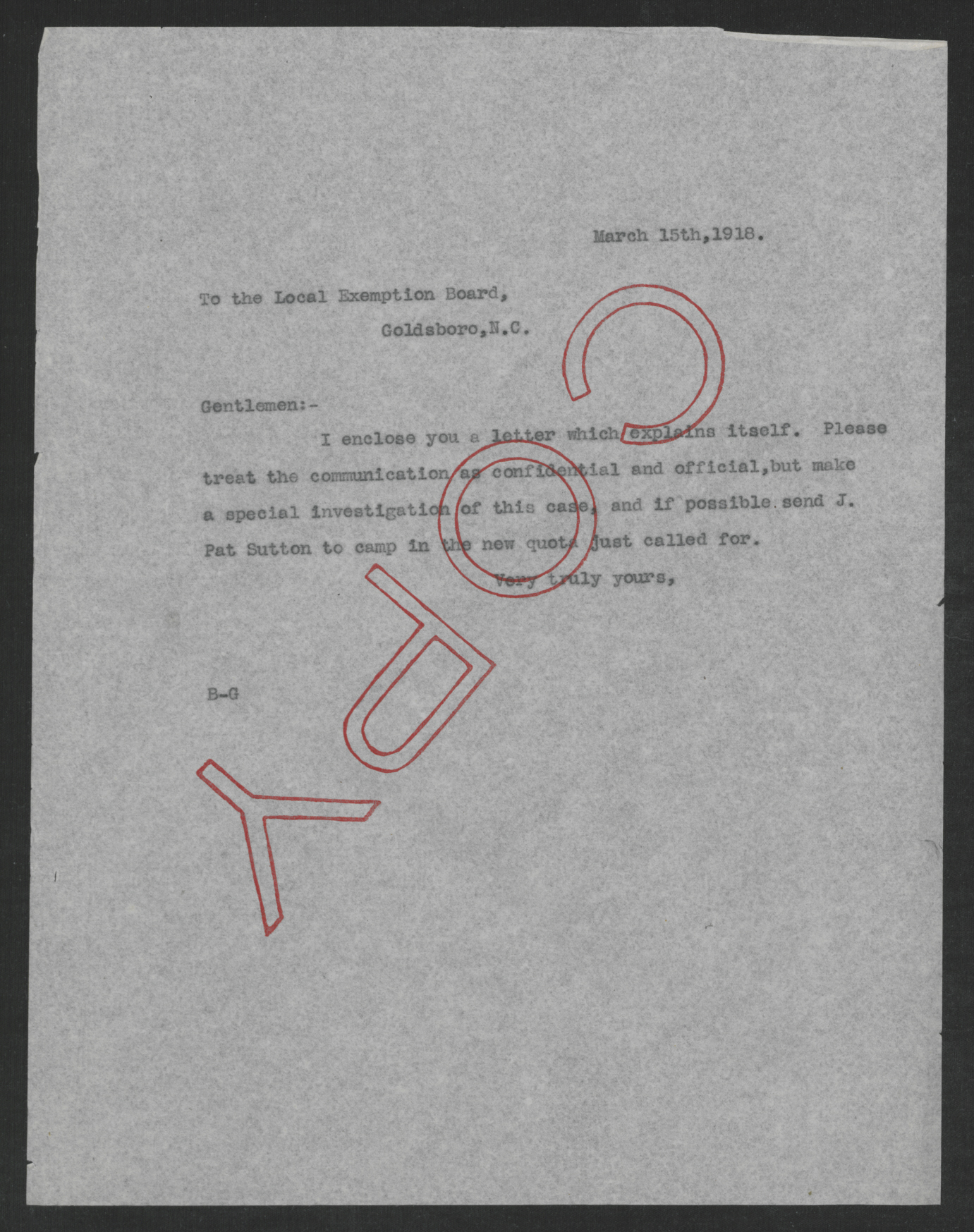 Letter from Thomas W. Bickett to the Wayne County Exemption Board, March 15, 1918