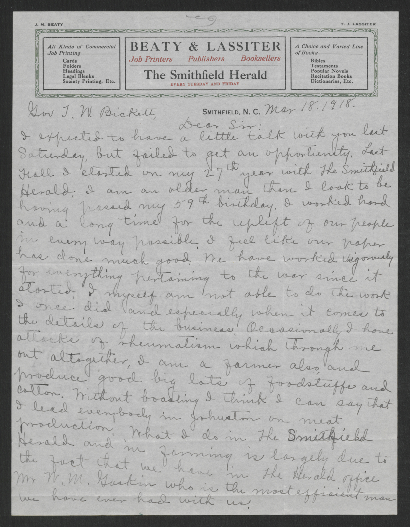 Letter from James M. Beaty to Thomas W. Bickett, March 18, 1918, page 1
