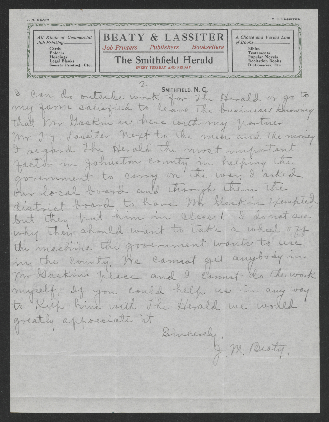 Letter from James M. Beaty to Thomas W. Bickett, March 18, 1918, page 2