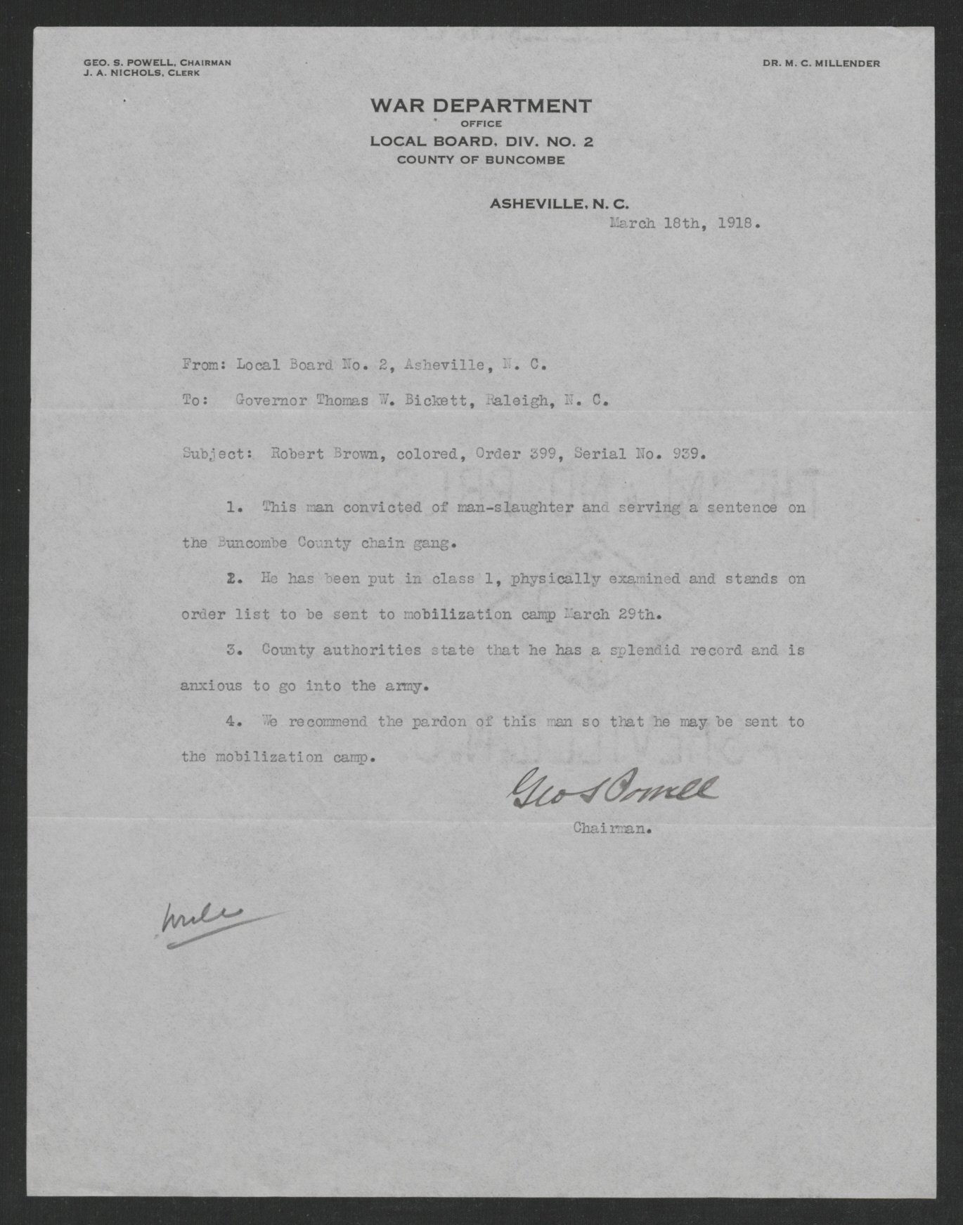 Letter from George S. Powell to Thomas W. Bickett, March 18, 1918