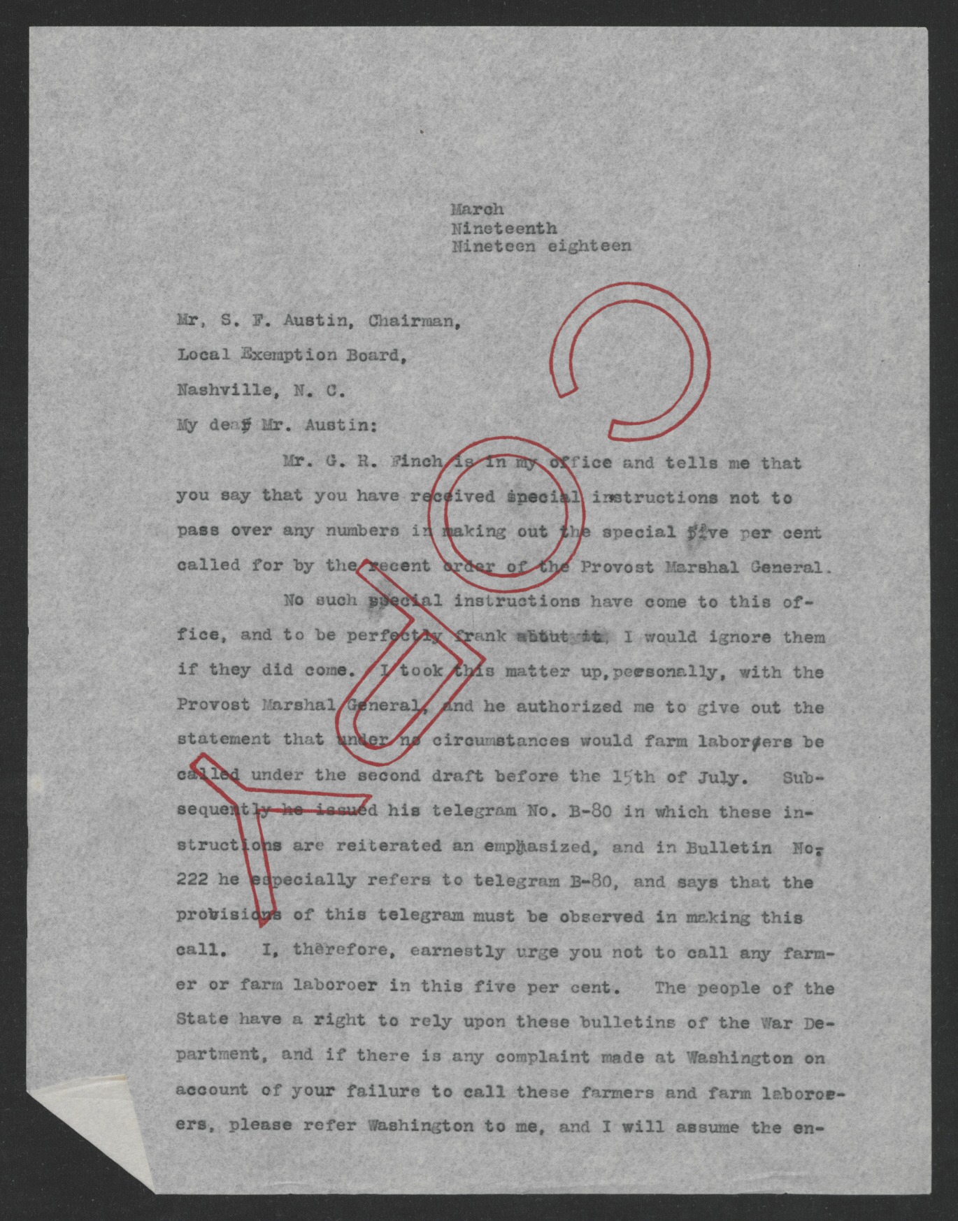 Letter from Thomas W. Bickett to Samuel F. Austin, March 19, 1918, page 1
