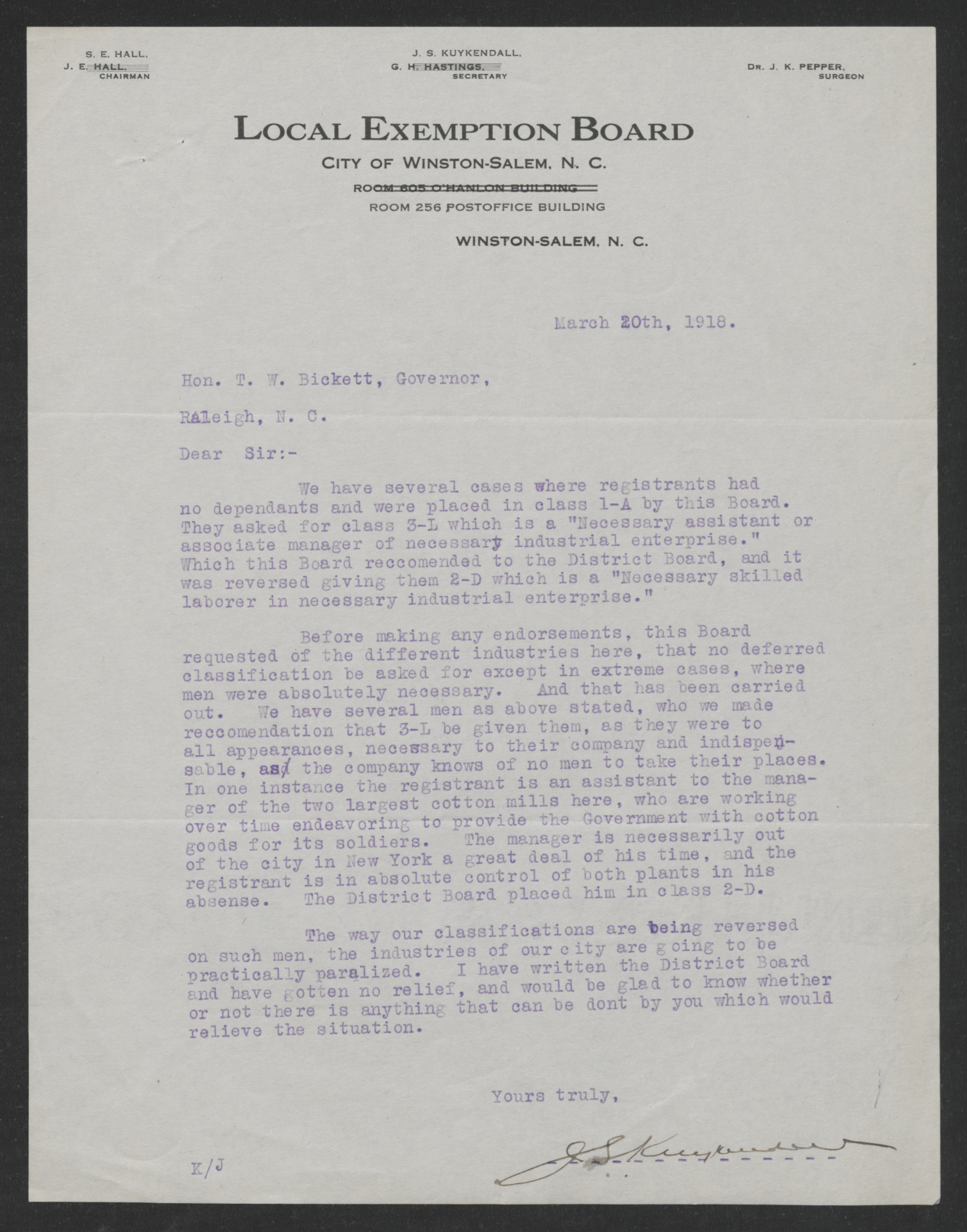 Letter from James S. Kuykendall to Thomas W. Bickett, March 20, 1918