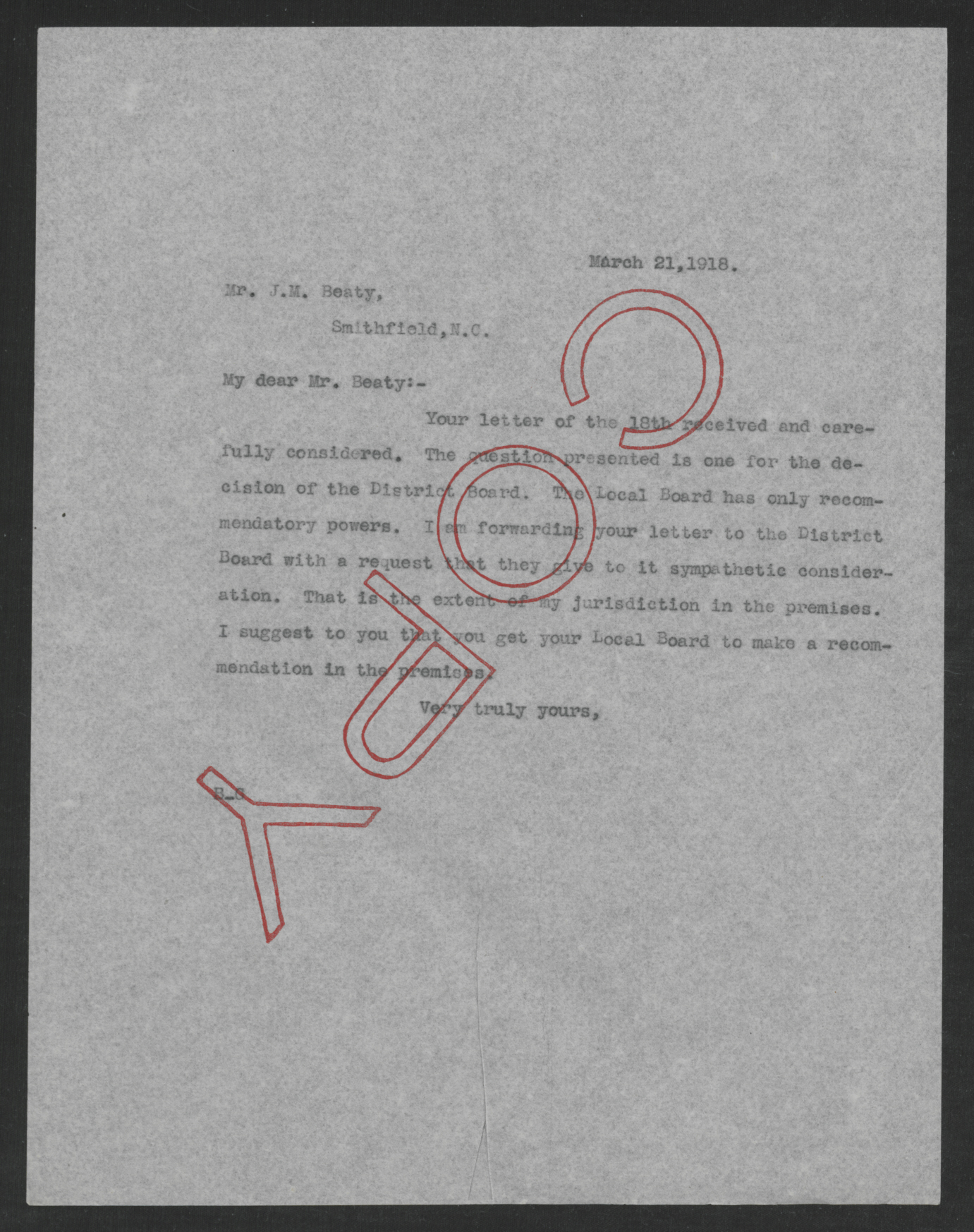 Letter from Thomas W. Bickett to James M. Beaty, March 21, 1918