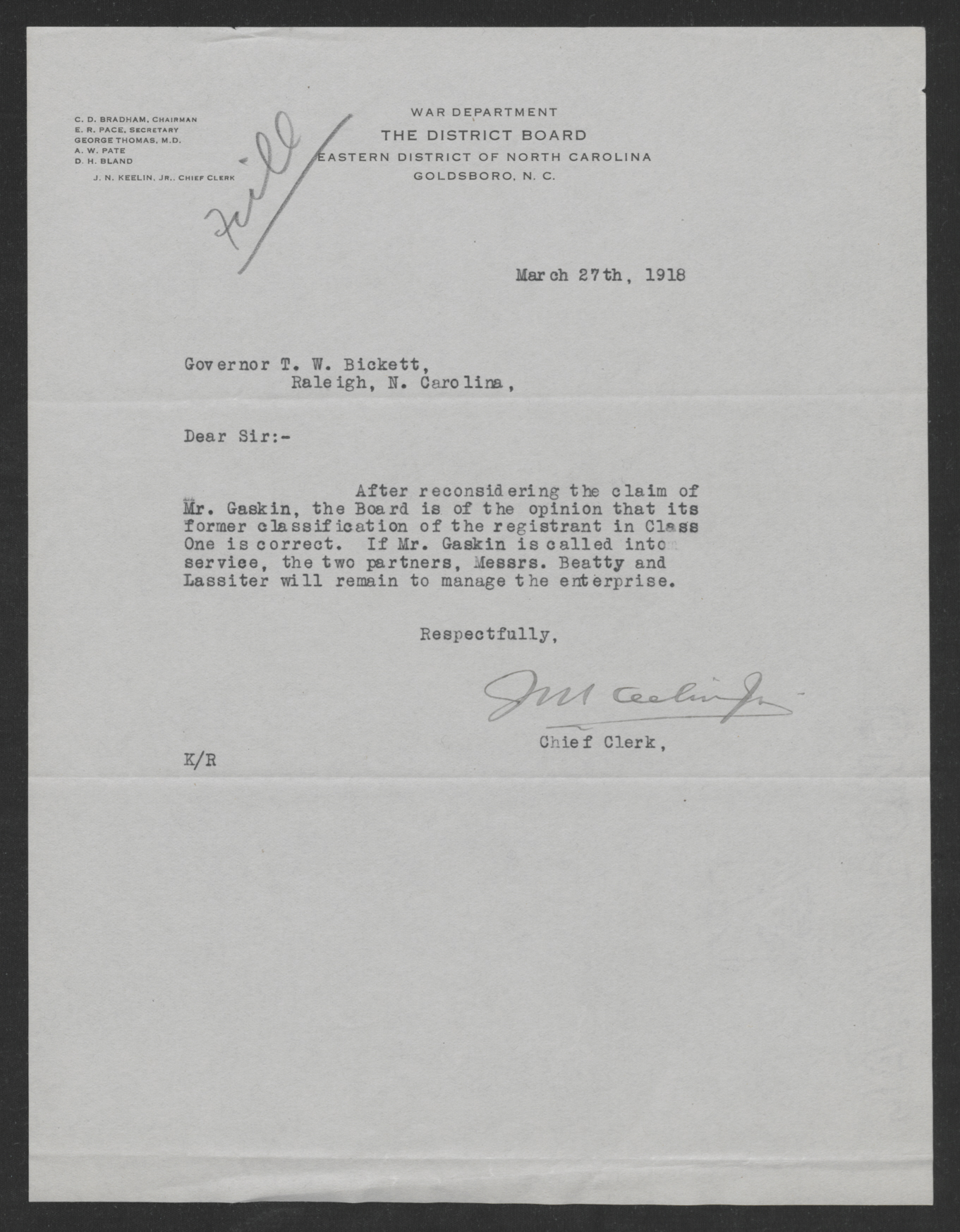 Letter from James N. Keelin, Jr., to Thomas W. Bickett, March 27, 1918