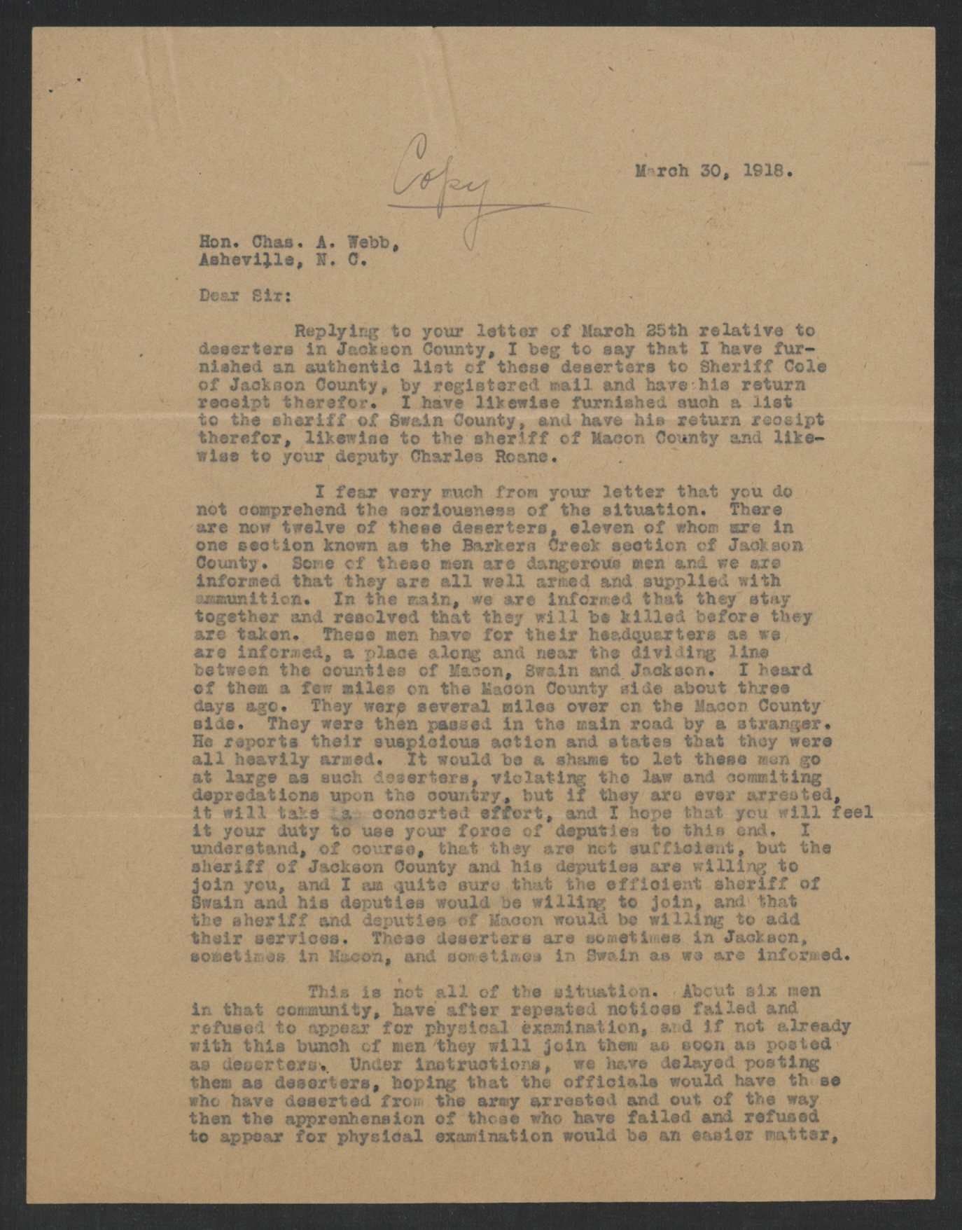 Letter from Coleman C. Cowan to Charles A. Webb, March 30, 1918, page 1