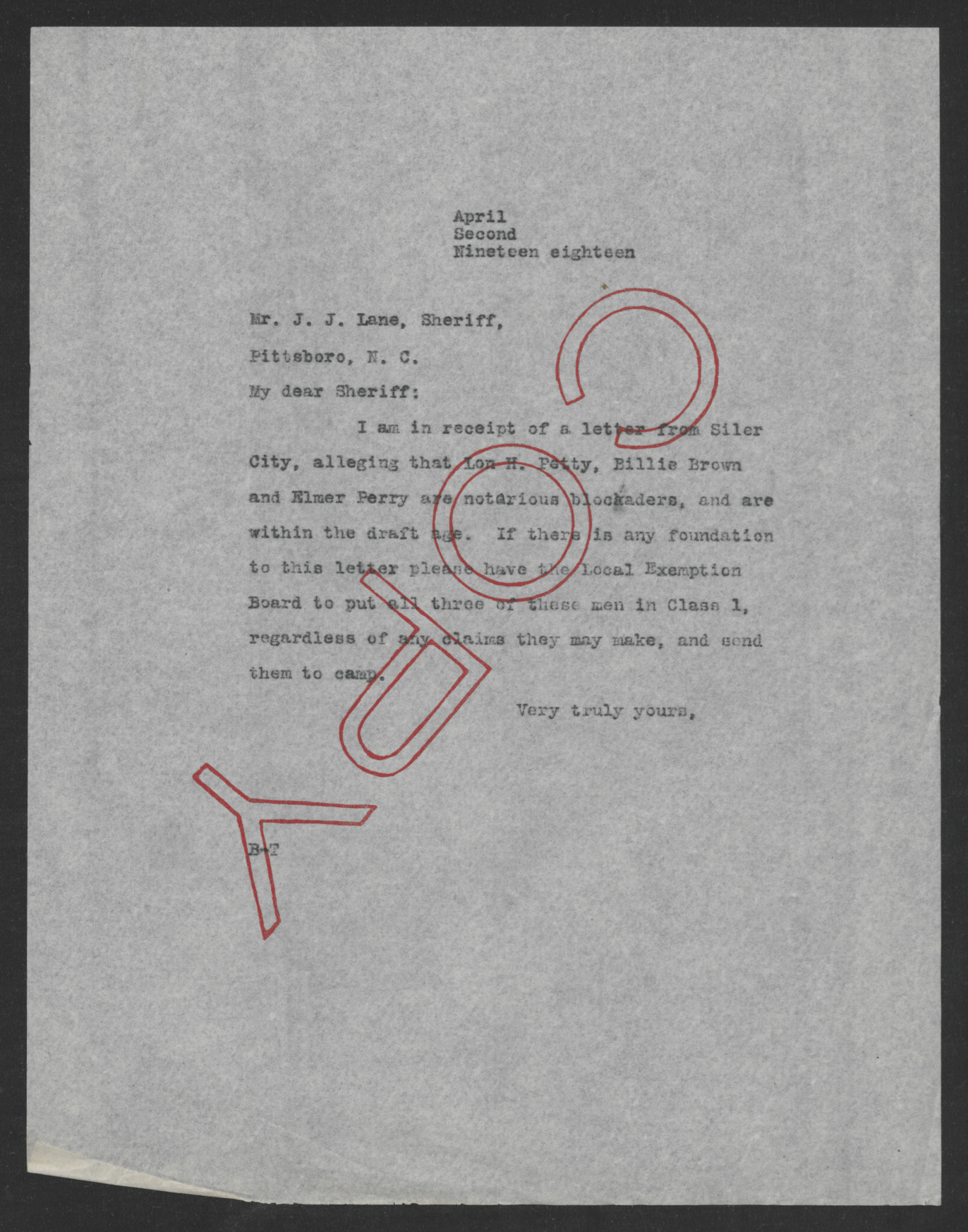 Letter from Thomas W. Bickett to Leon T. Lane, April 2, 1918