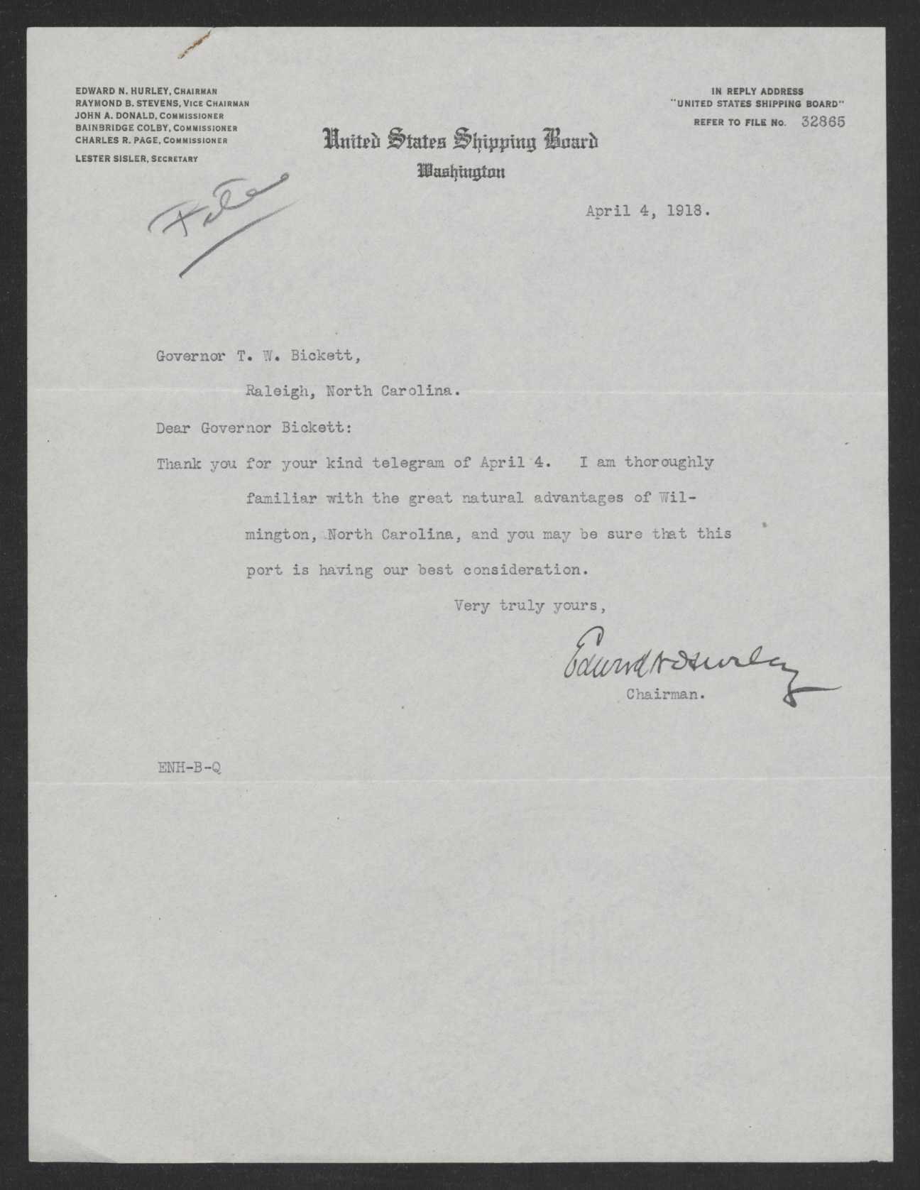 Letter from Edward N. Hurley to Thomas W. Bickett, April 4, 1918