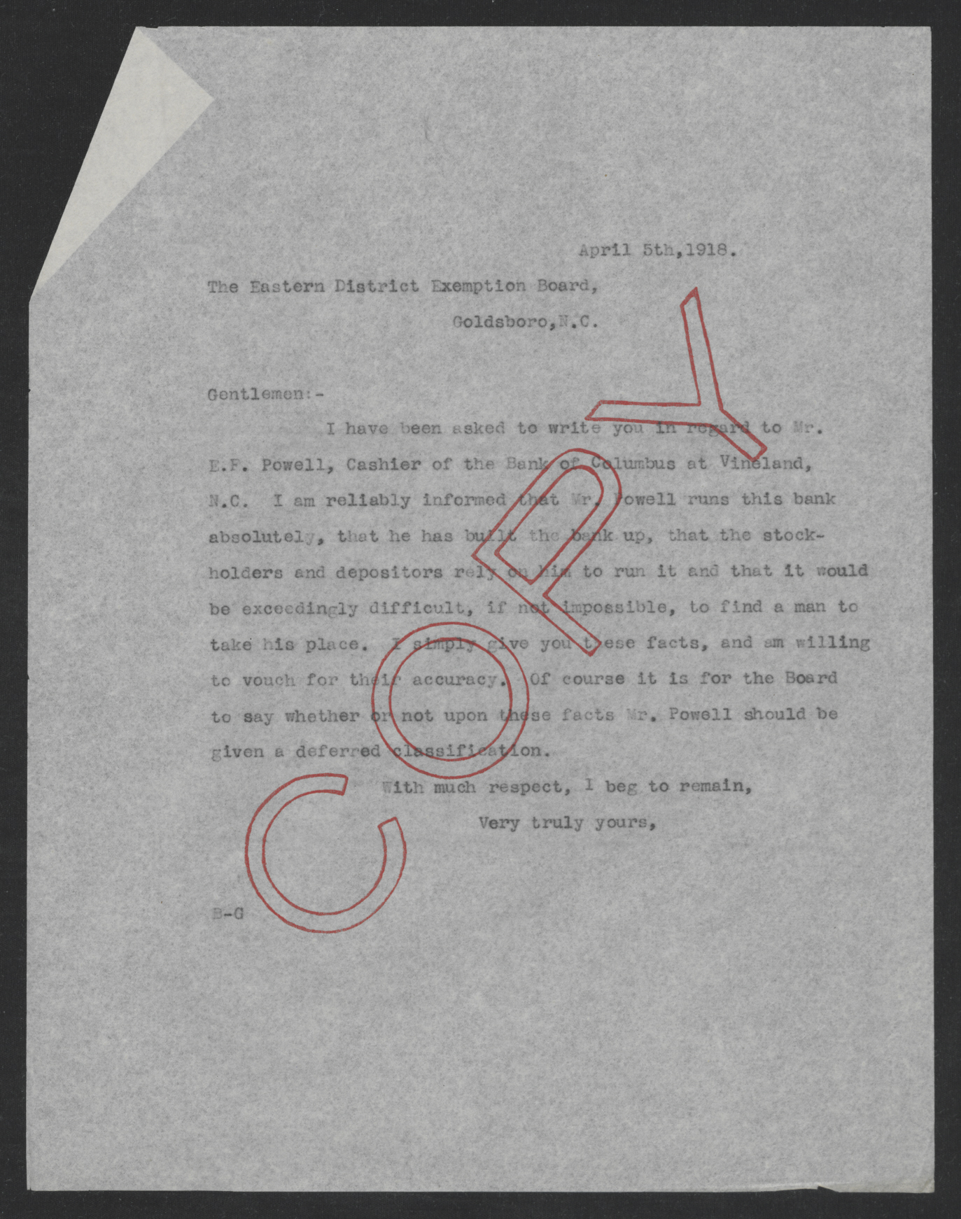 Letter from Thomas W. Bickett to the Eastern District Exemption Board, April 5, 1918