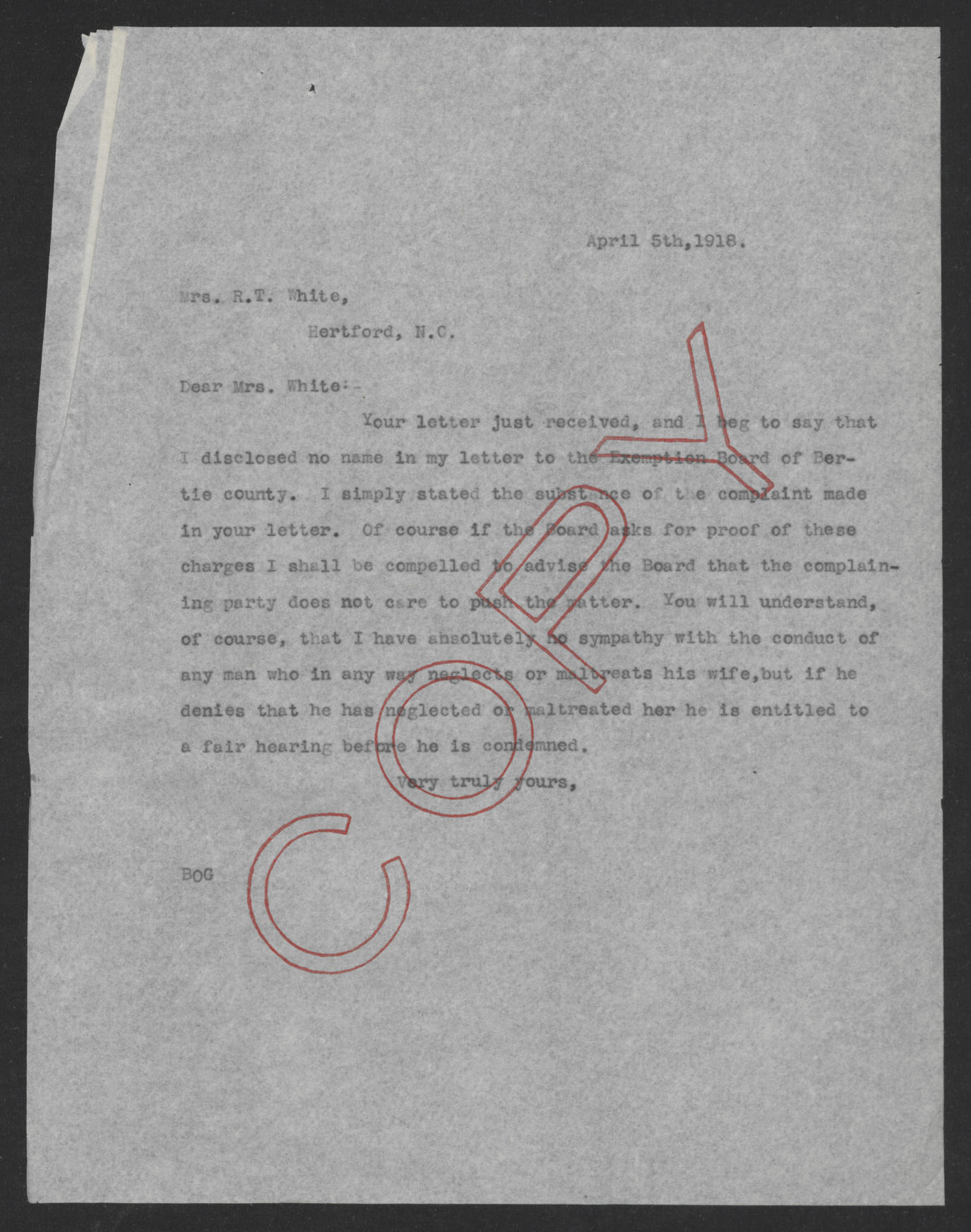 Letter from Thomas W. Bickett to Sarah R. L. White, April 5, 1918