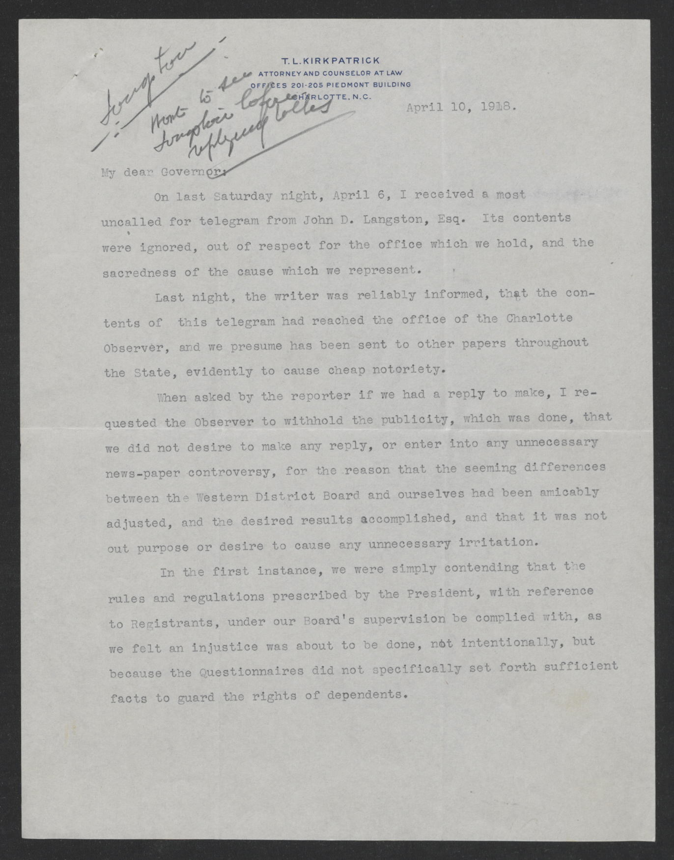 Letter from Thomas L. Kirkpatrick to Thomas W. Bickett, April 10, 1918, page 1