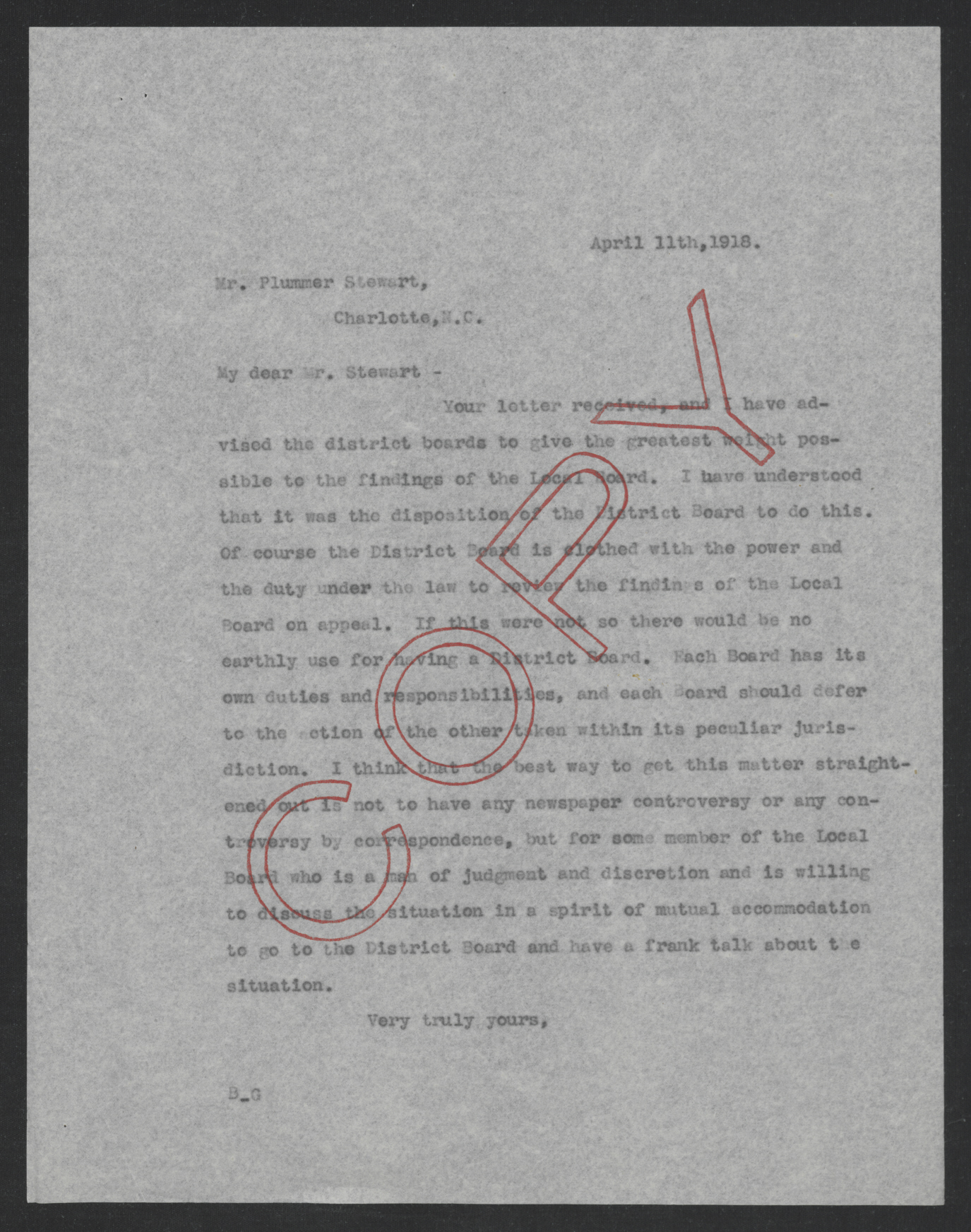 Letter from Thomas W. Bickett to Plummer Stewart, April 11, 1918