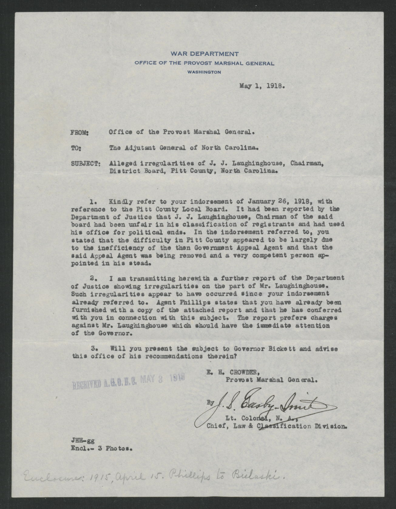 Letter from Enoch H. Crowder and James S. Easby-Smith to Laurence W. Young, May 1, 1918