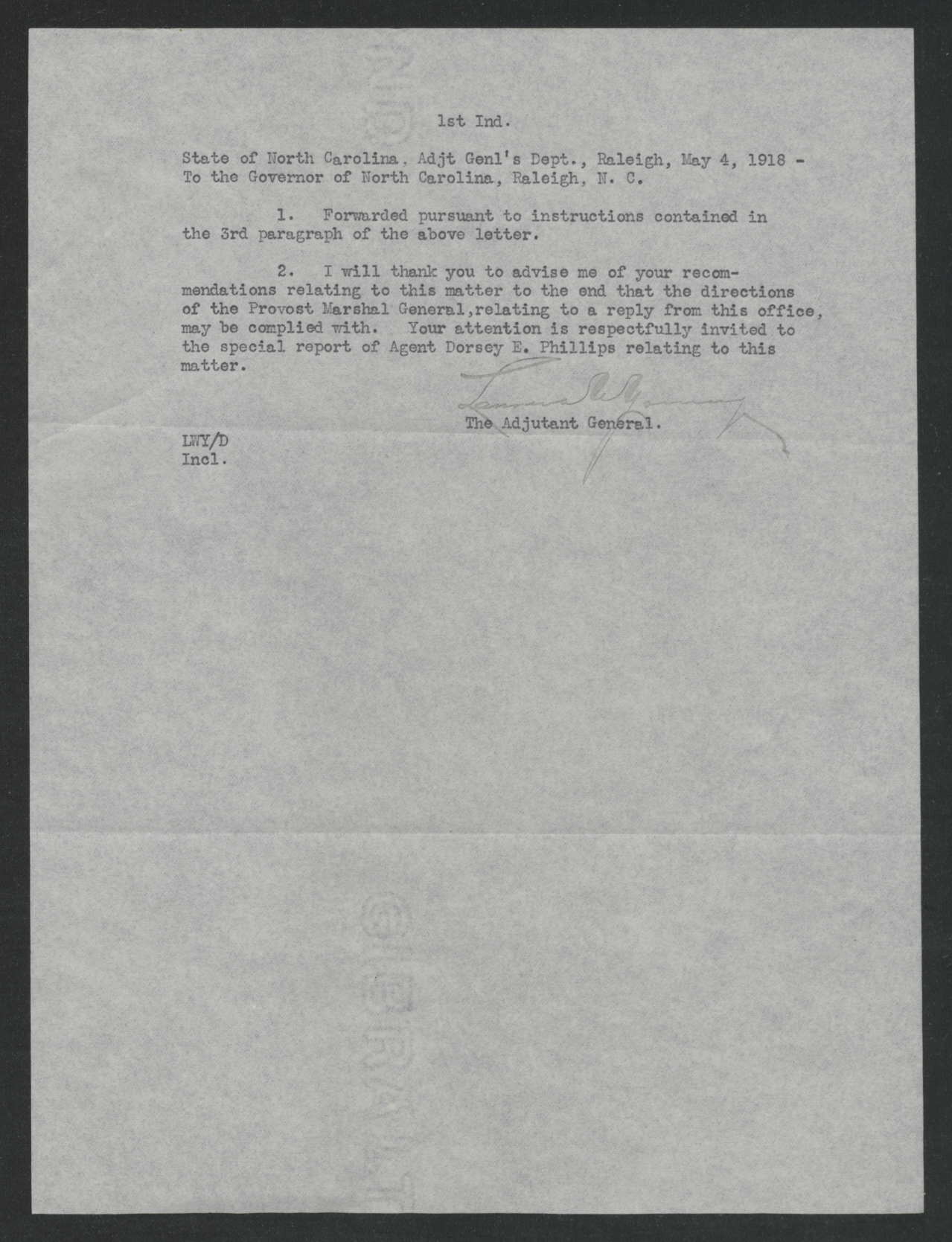 Letter from Laurence W. Young to Thomas W. Bickett, May 4, 1918