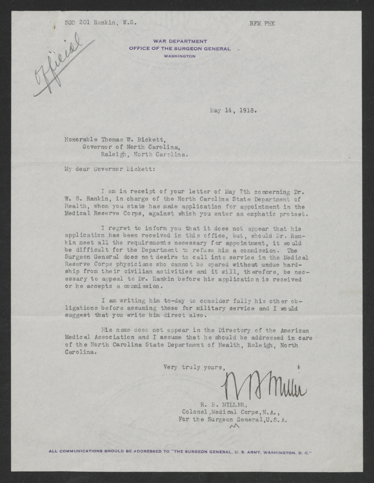 Letter from Reuben B. Miller to Thomas W. Bickett, May 14, 1918