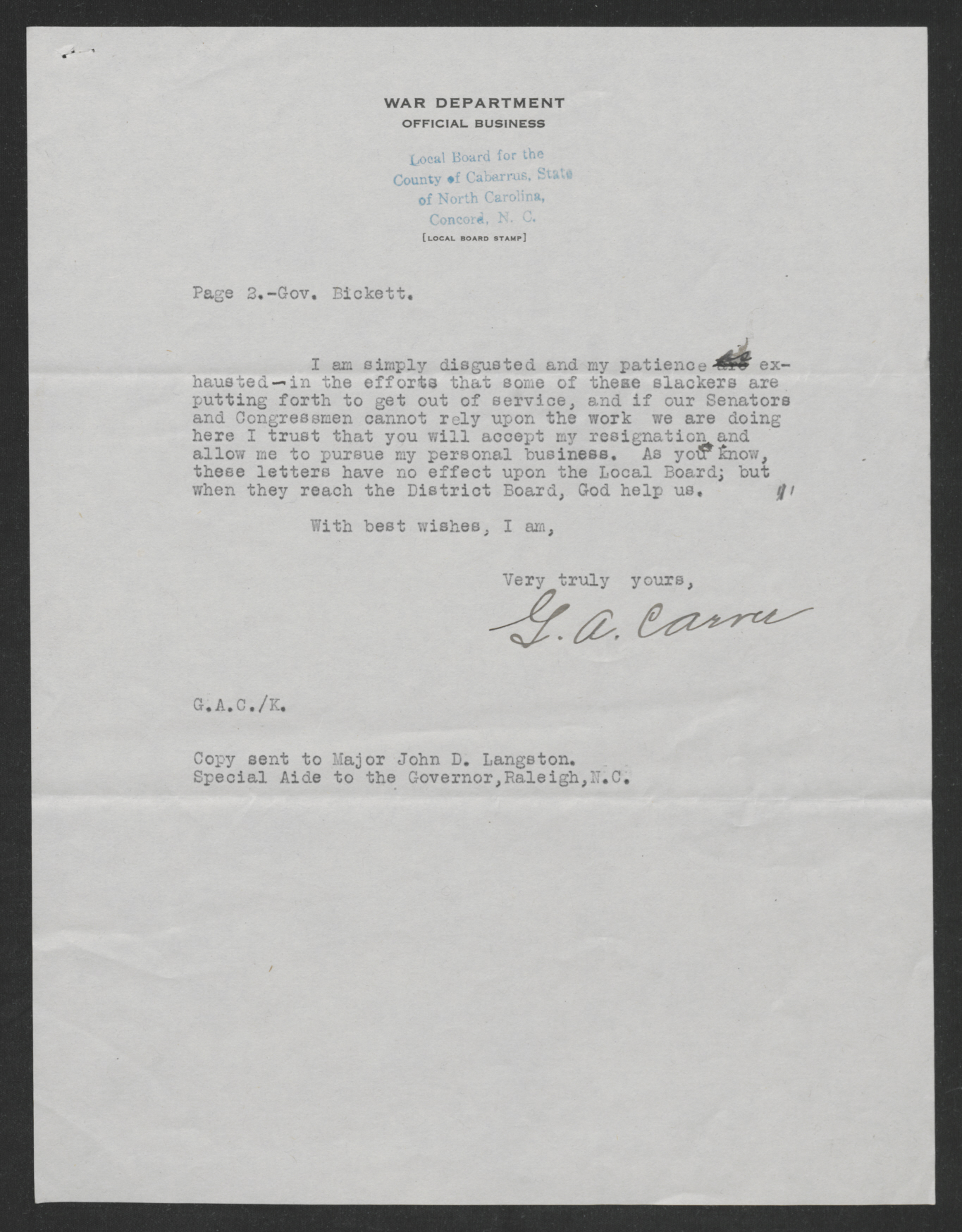 Letter from Gordon A. Carver to Thomas W. Bickett, May 16, 1918