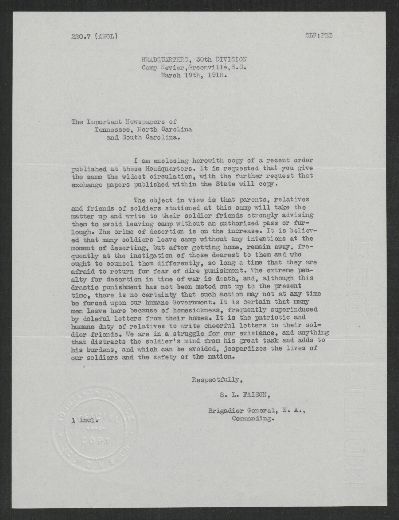 Letter from Samson L. Faison to the Important Newspapers of Tennessee, North Carolina, and South Carolina, March 19, 1918