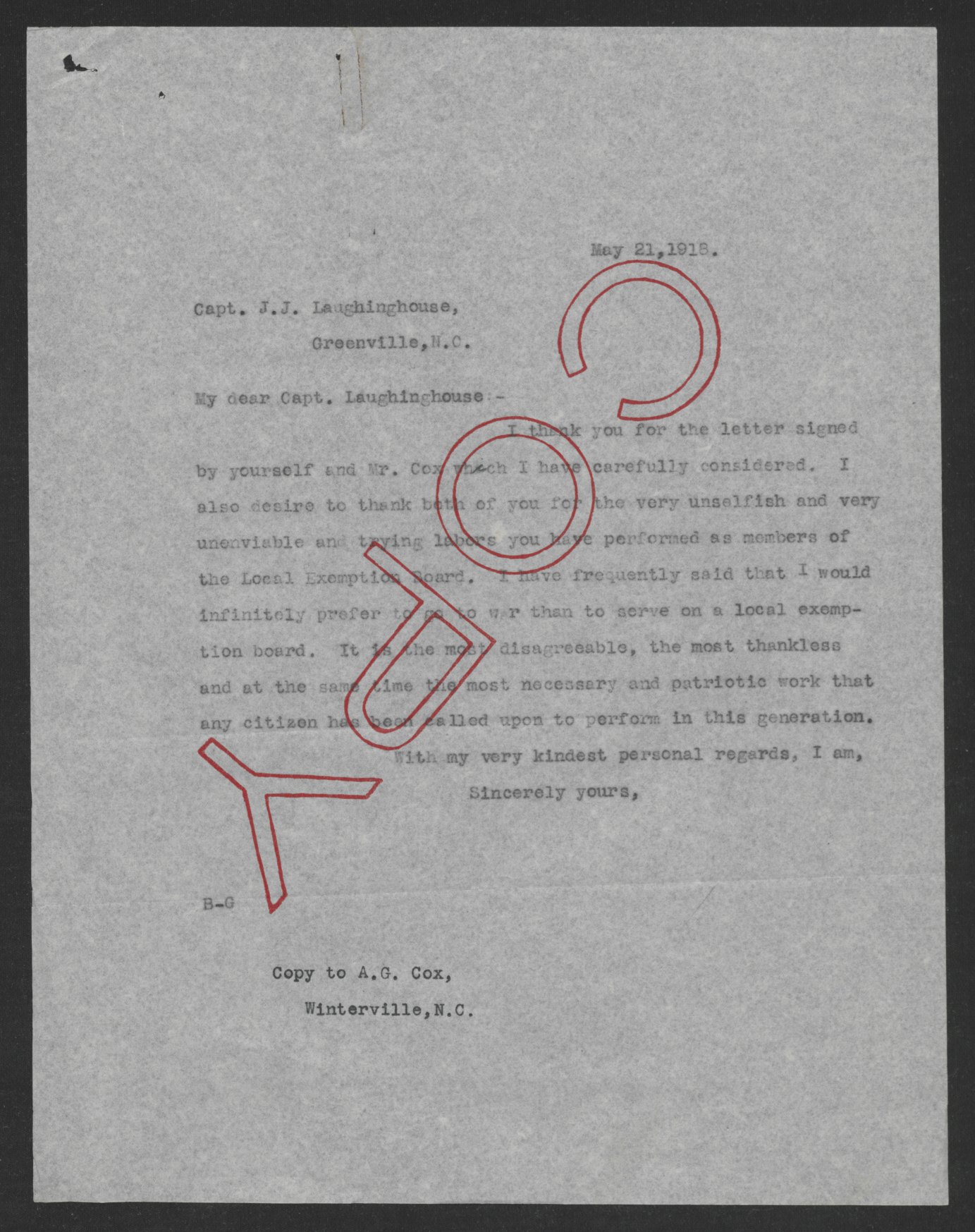 Letter from Thomas W. Bickett to Joseph J. Laughinghouse, May 21, 1918