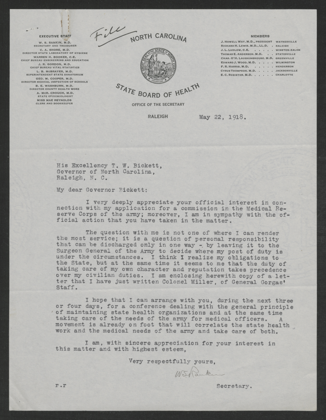 Letter from Watson S. Rankin to Thomas W. Bickett, May 22, 1918
