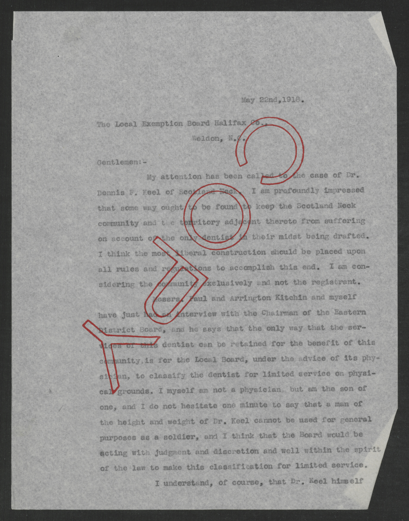 Letter from Thomas W. Bickett to the Halifax County Exemption Board, May 22, 1918, page 1