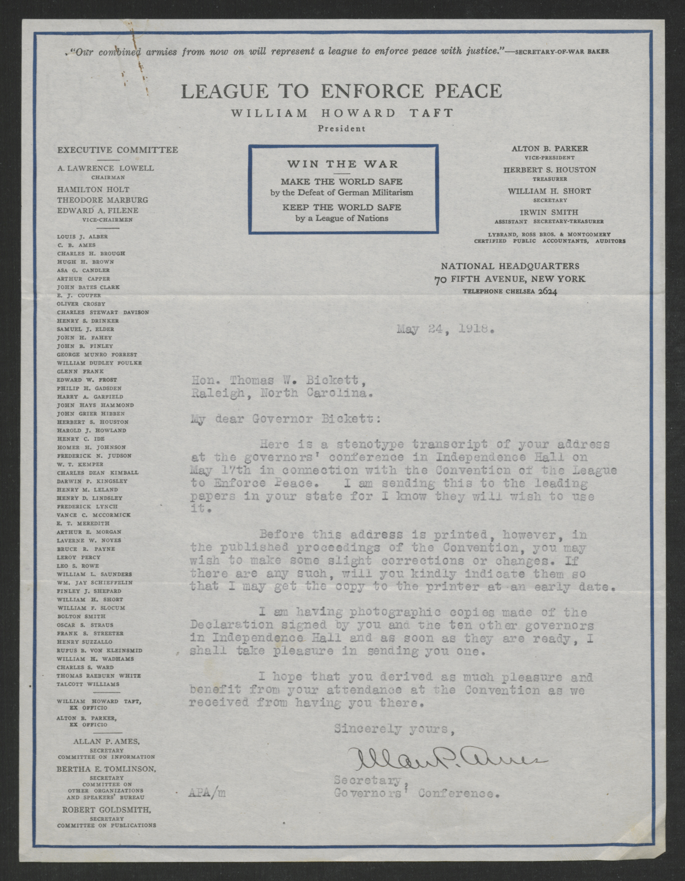 Letter from Allan P. Ames to Thomas W. Bickett, May 24, 1918