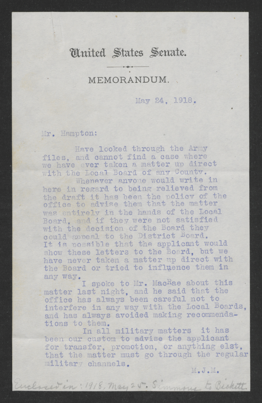 United States Senate Memorandum from M. J. M. to Mr. Hampton, May 24, 1918