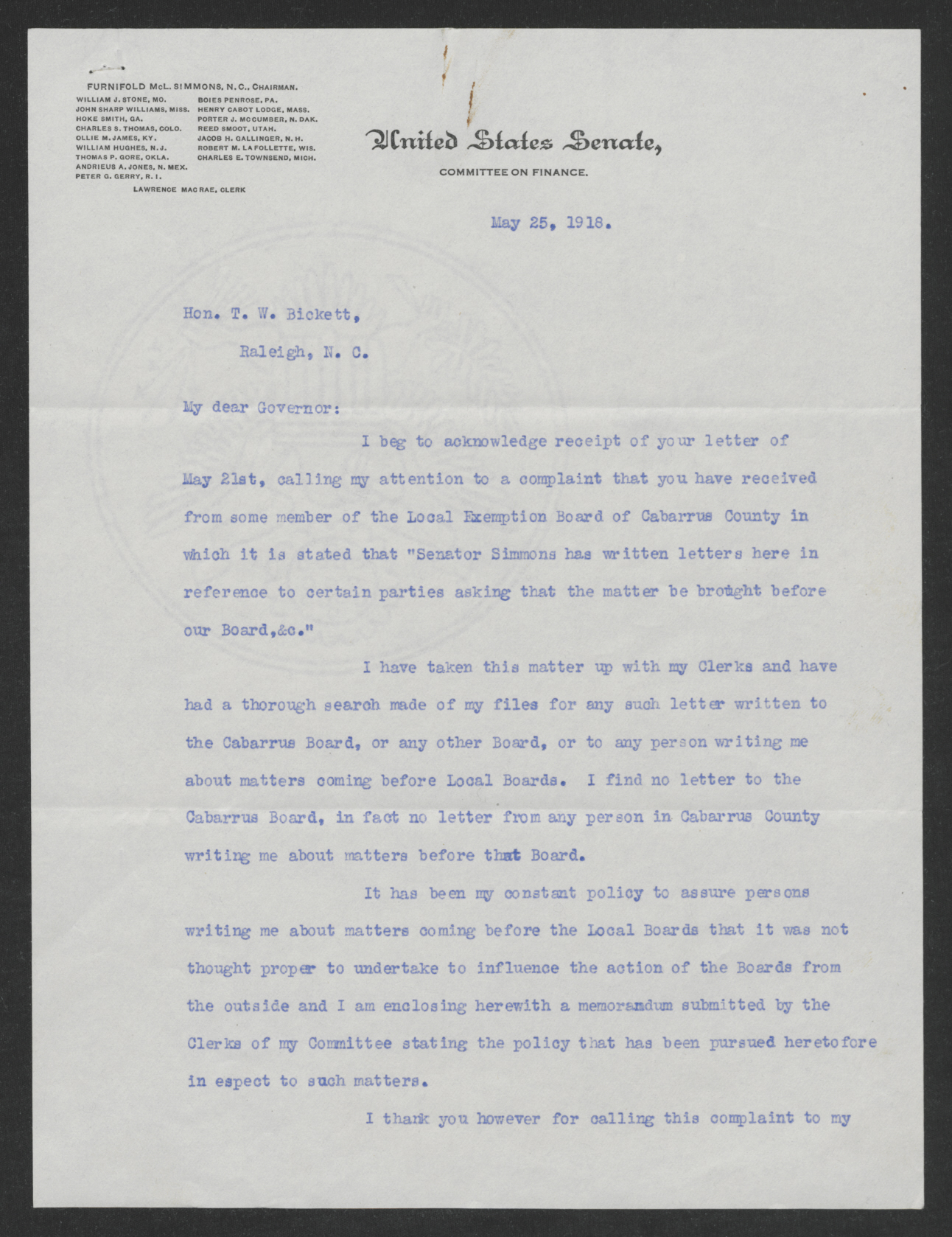 Letter from Furnifold M. Simmons to Thomas W. Bickett, May 25, 1918, page 1