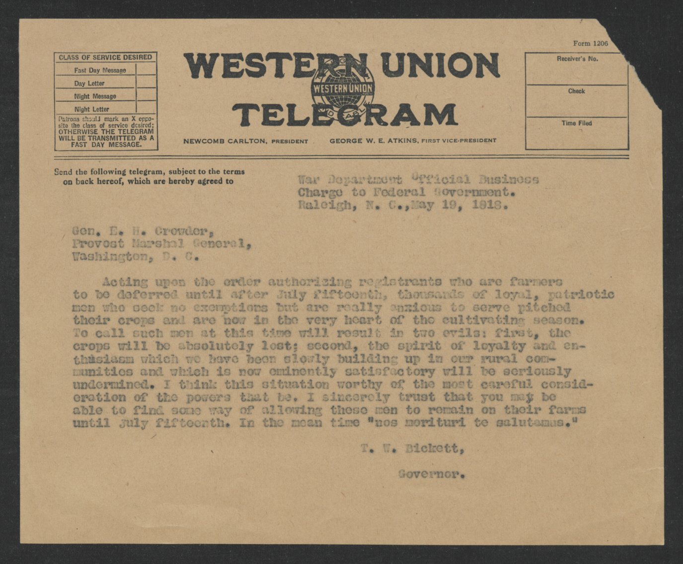 Telegram from Thomas W. Bickett to Enoch H. Crowder, May 19, 1918