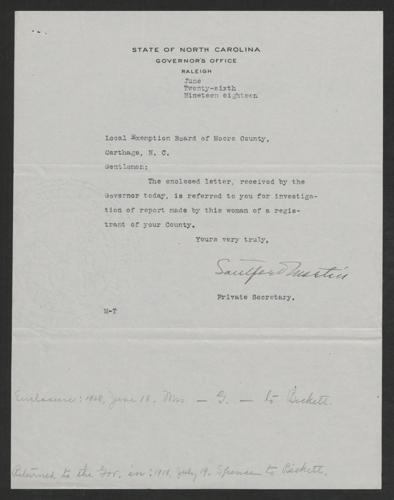 Letter from Santford Martin to the Moore County Exemption Board, June 26, 1918