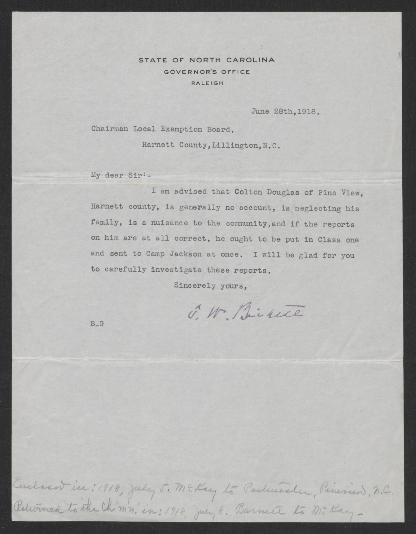 Letter from Thomas W. Bickett to Felix M. McKay, June 28, 1918