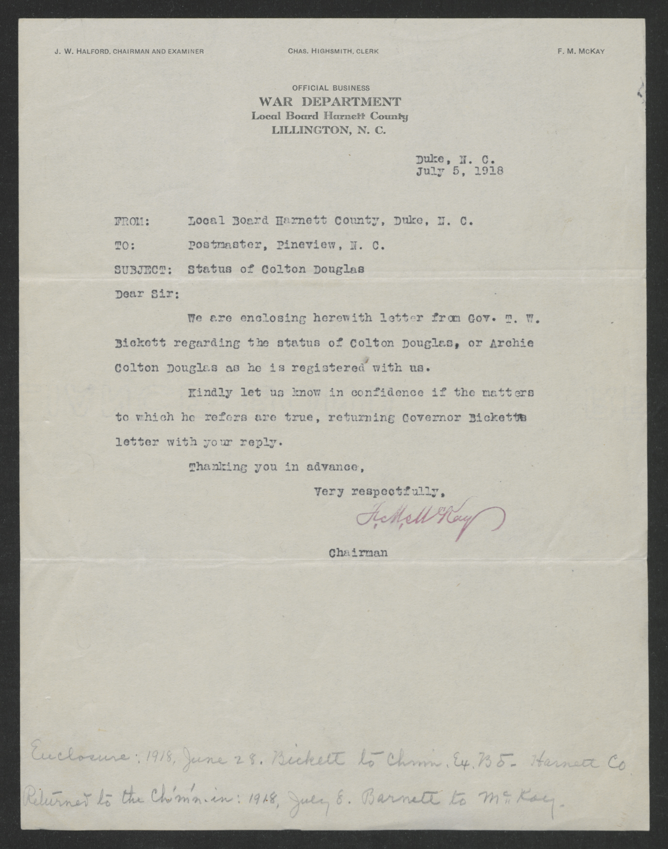 Letter from Felix M. McKay to William Barnett, July 5, 1918