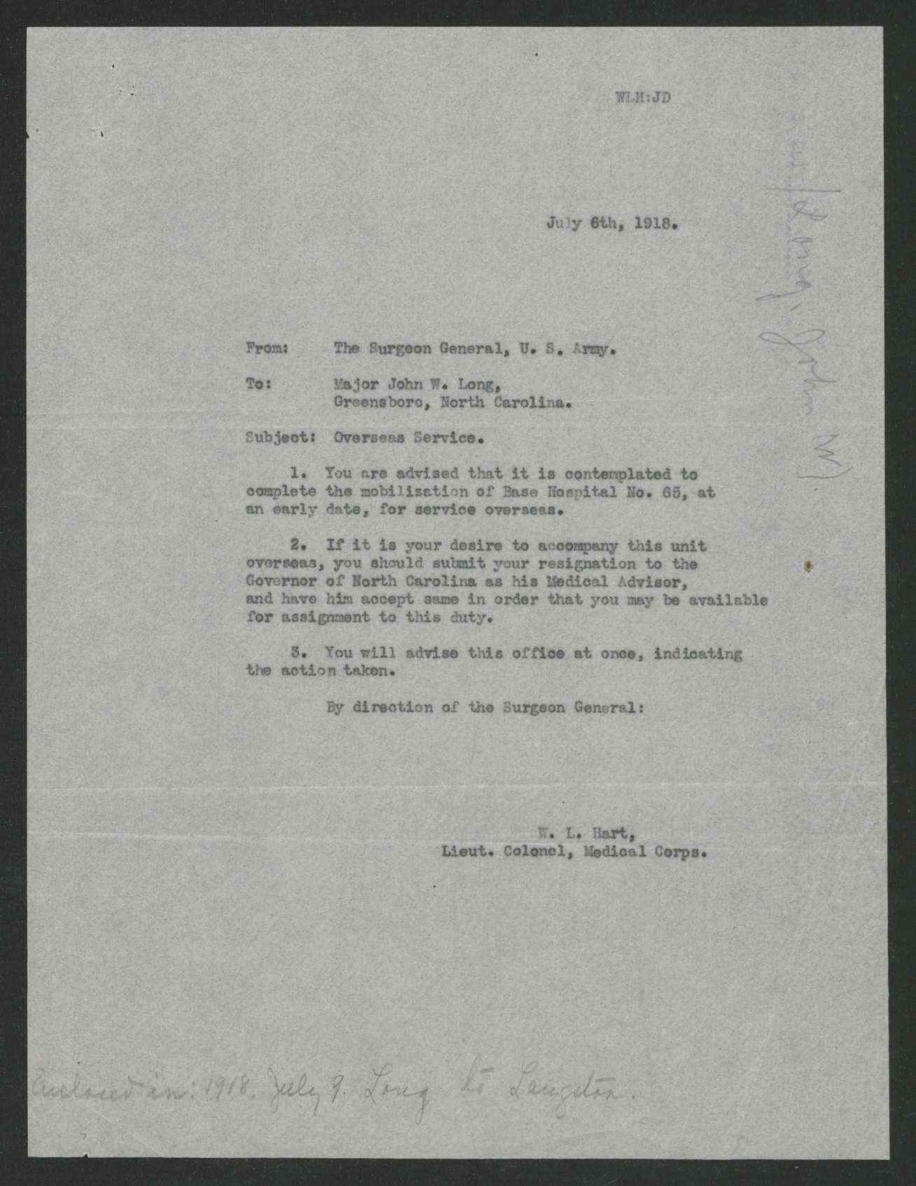 Letter from W. L. Hart to John W. Long, July 6, 1918