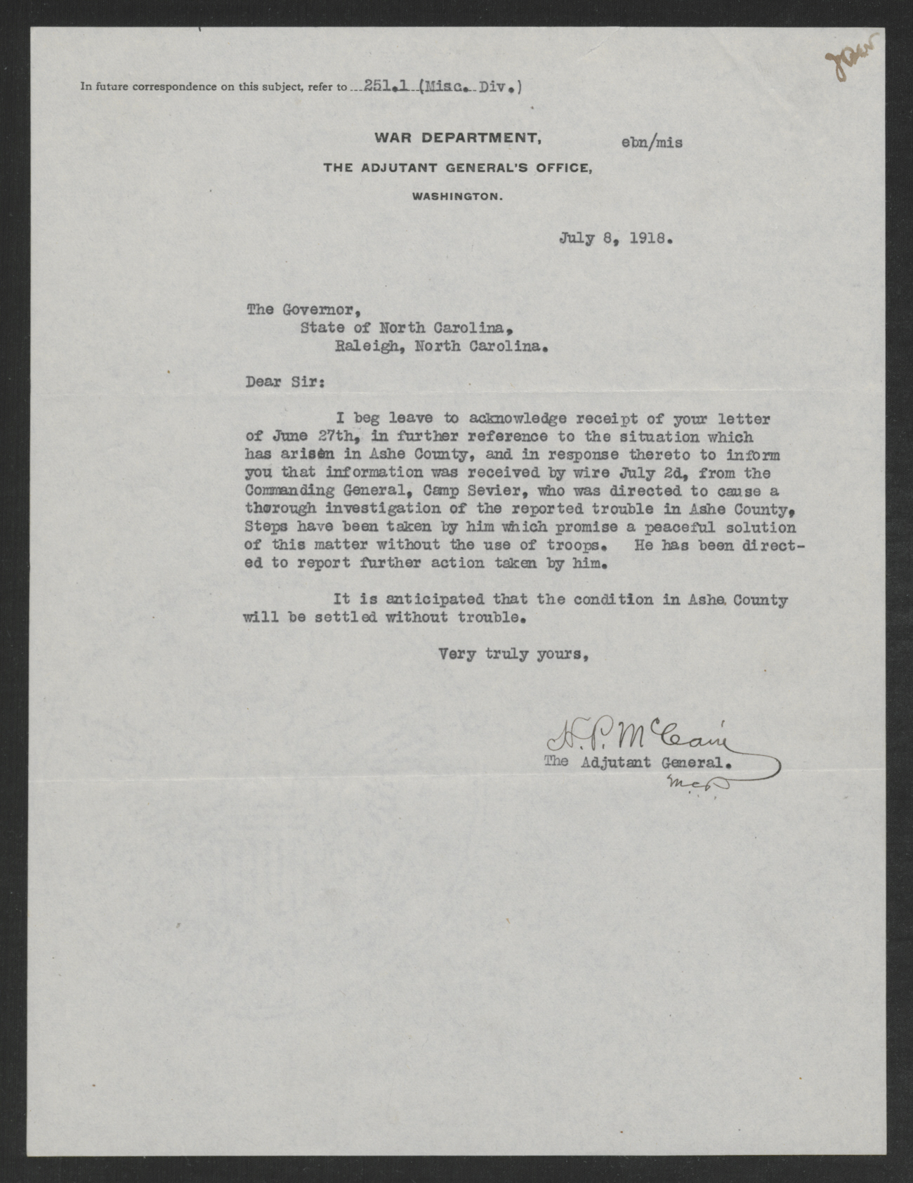 Letter from Henry P. McCain to Thomas W. Bickett, July 8, 1918
