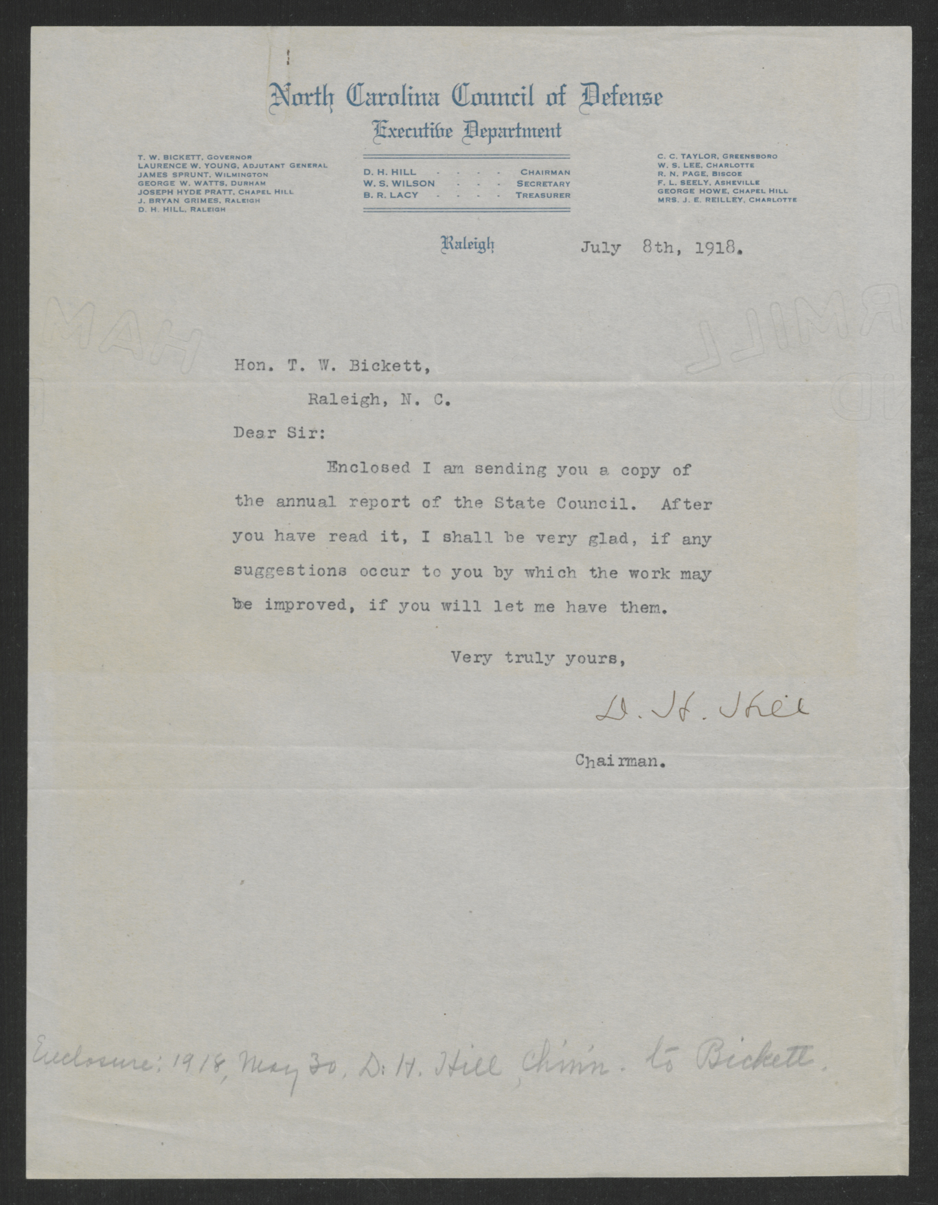 Letter from Daniel H. Hill to Thomas W. Bickett, July 8, 1918