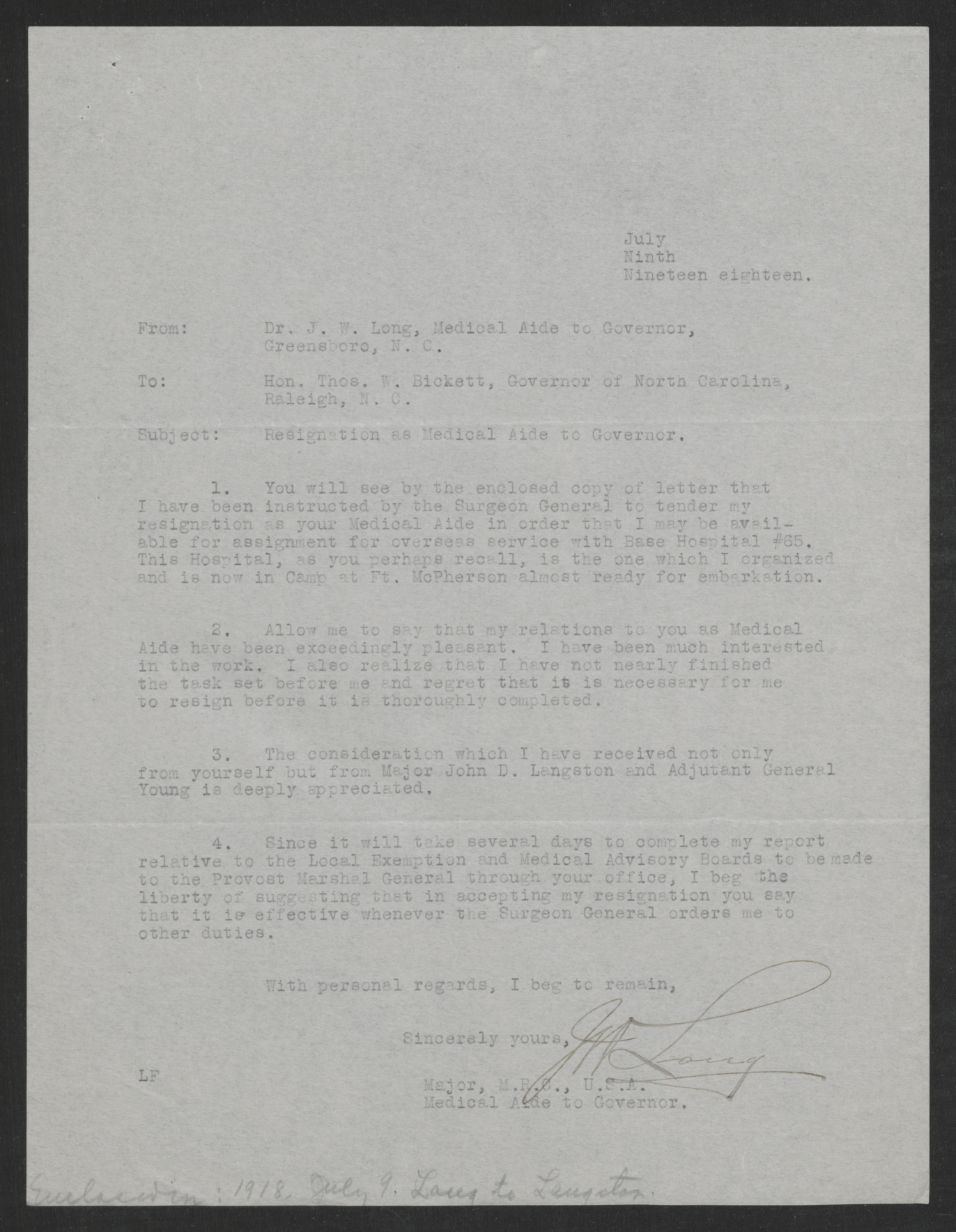 Letter from John W. Long to Thomas W. Bickett, July 9, 1918