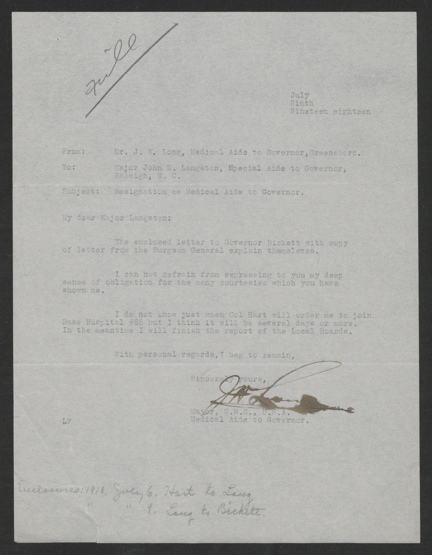 Letter from John W. Long to John D. Langston, July 9, 1918