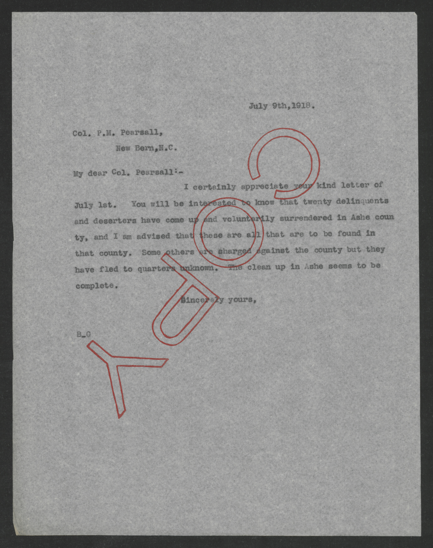 Letter from Thomas W. Bickett to Patrick M. Pearsall, July 9, 1918