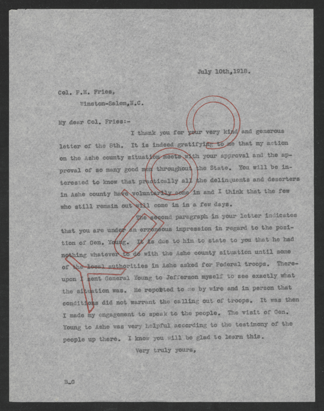 Letter from Thomas W. Bickett to Francis H. Fries, July 10, 1918