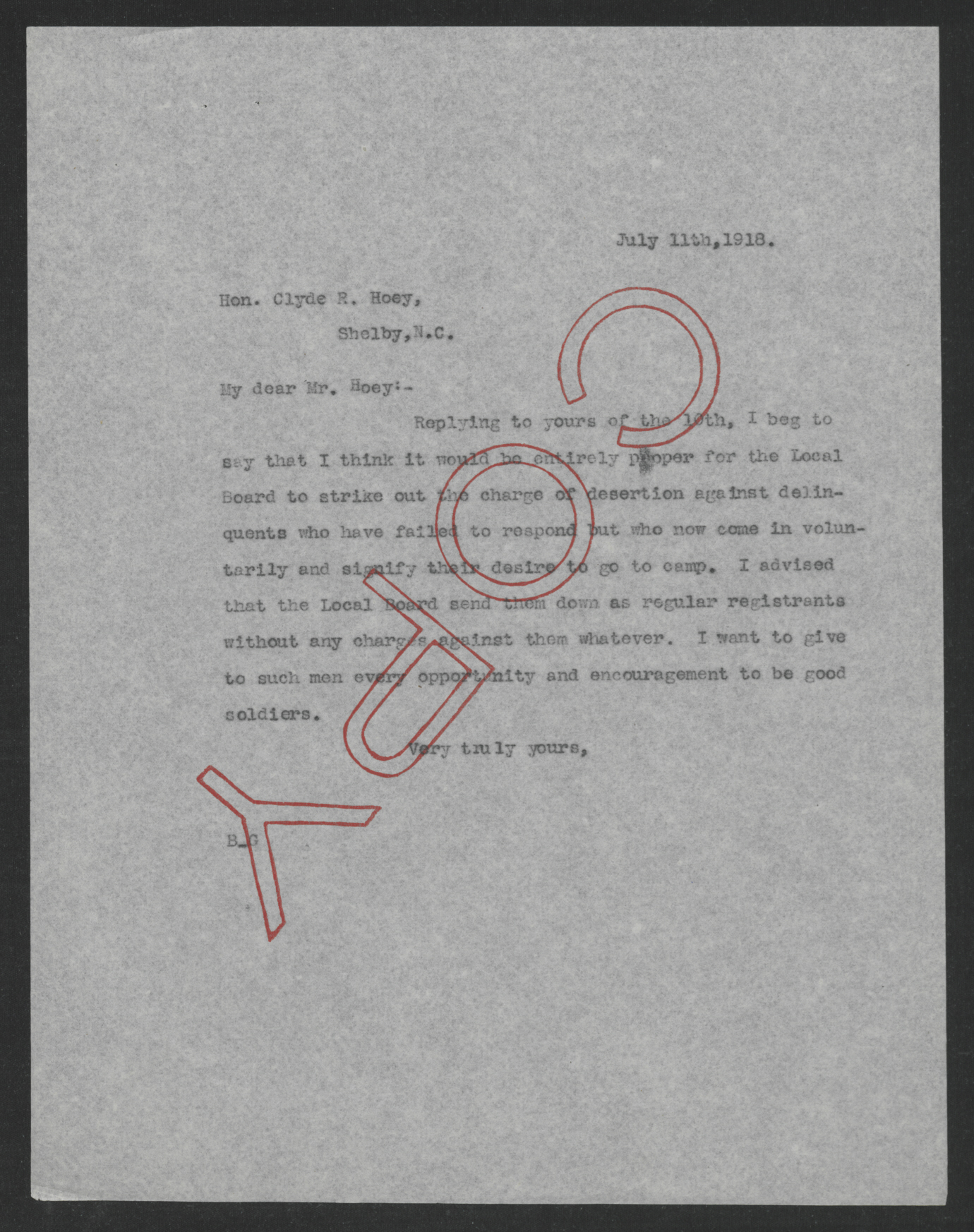 Letter from Thomas W. Bickett to Clyde R. Hoey, July 11, 1918