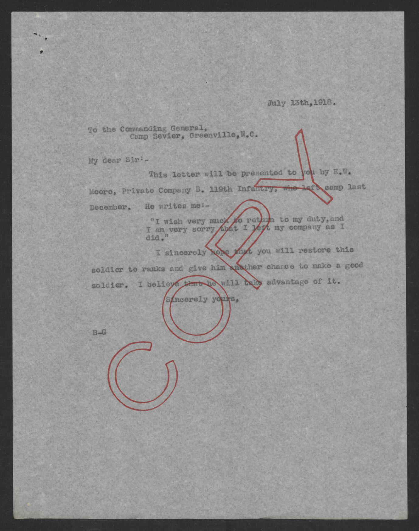 Letter from Thomas W. Bickett to the Commanding General of Camp Sevier, July 13, 1918